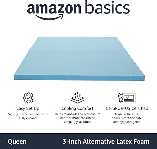 Vista 33 de Yaxa Basics Cubrecolchón de espuma viscoelástica con gel refrescante, certificado CertiPUR-US, 3 pulgadas, Queen, color azul