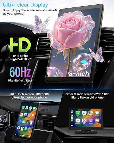Miniatura 5 de Pantalla inalámbrica Apple CarPlay de 8 pulgadas para automóvil con Android Auto y cámara de respaldo 1080P, pantalla táctil giratoria para