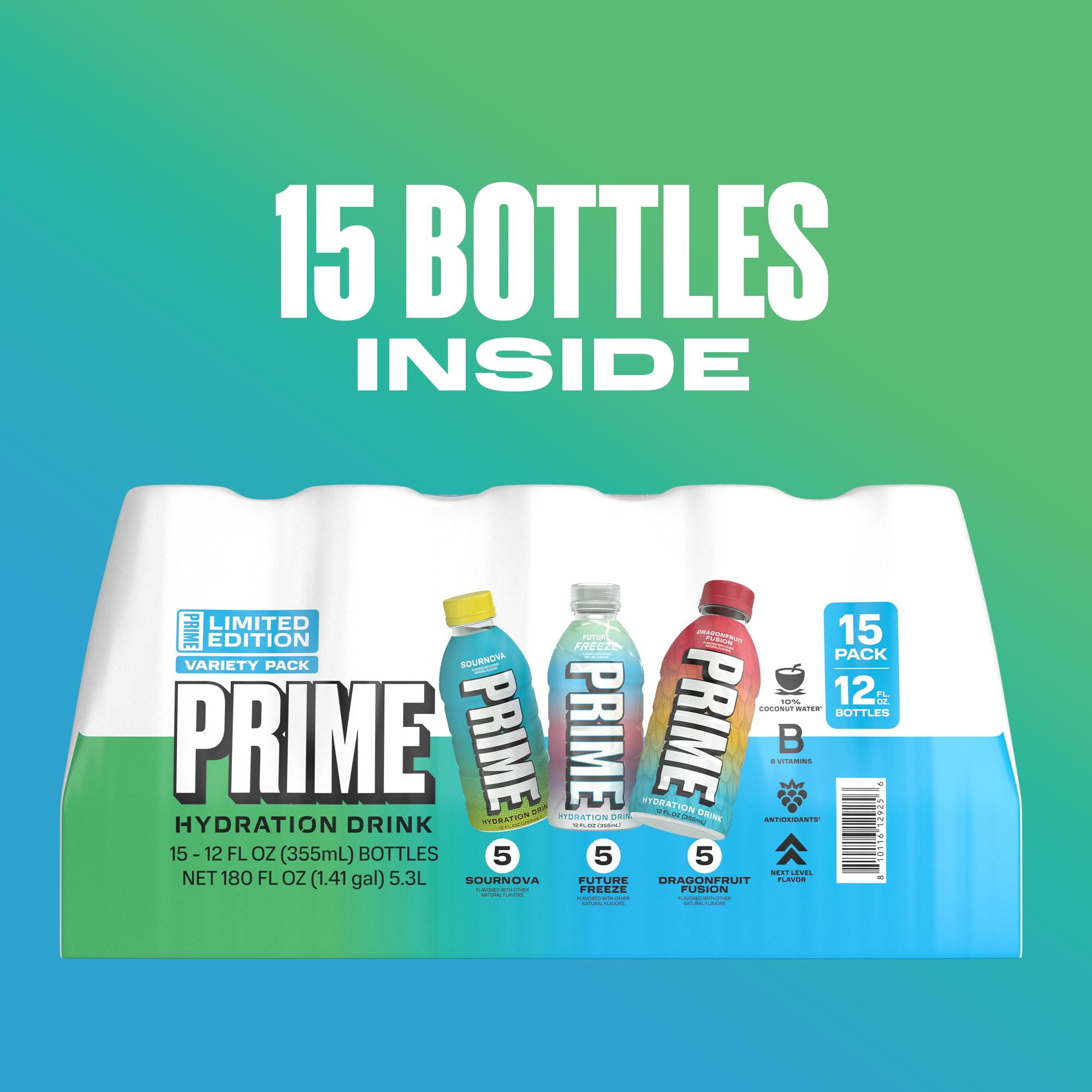 PRIME Hydration VARIETY Sports Drinks, Electrolyte Enhanced to Replenish Fluids, 177mg BCAAs, B Vitamins, Antioxidants, Low Sugar, 12 Fl Oz (Pack of 15)