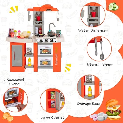 Miniatura 3 de Costzon Juego de cocina para niños, 67 piezas de juguetes de cocina con fregadero de juego, luces realistas, sonidos de simulación de vapor de