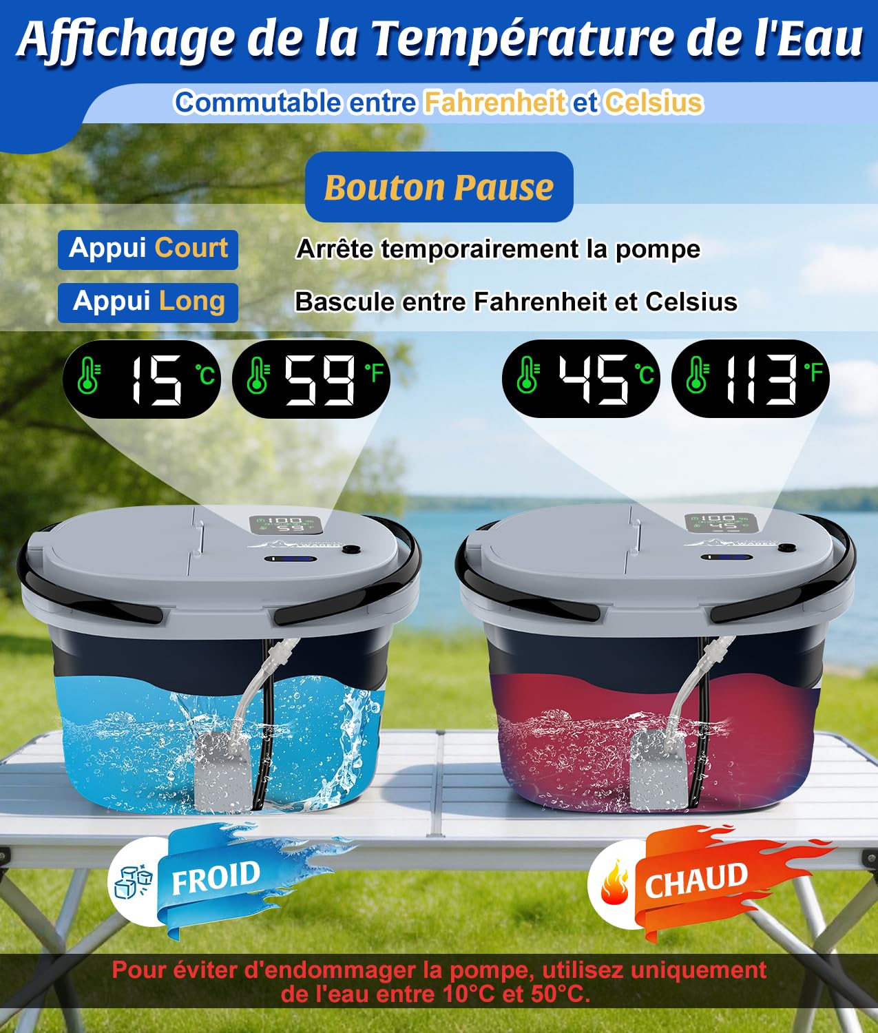 WADEO 2026 Douche Portable de Camping – Seau Pliable + Pompe Intégrés, 13000 mAh Rechargeable, Écran LED (℃/℉), 5 Vitesses, IPX8, Kit de Douche pour Camping, Animaux, Plage, Lavage Auto