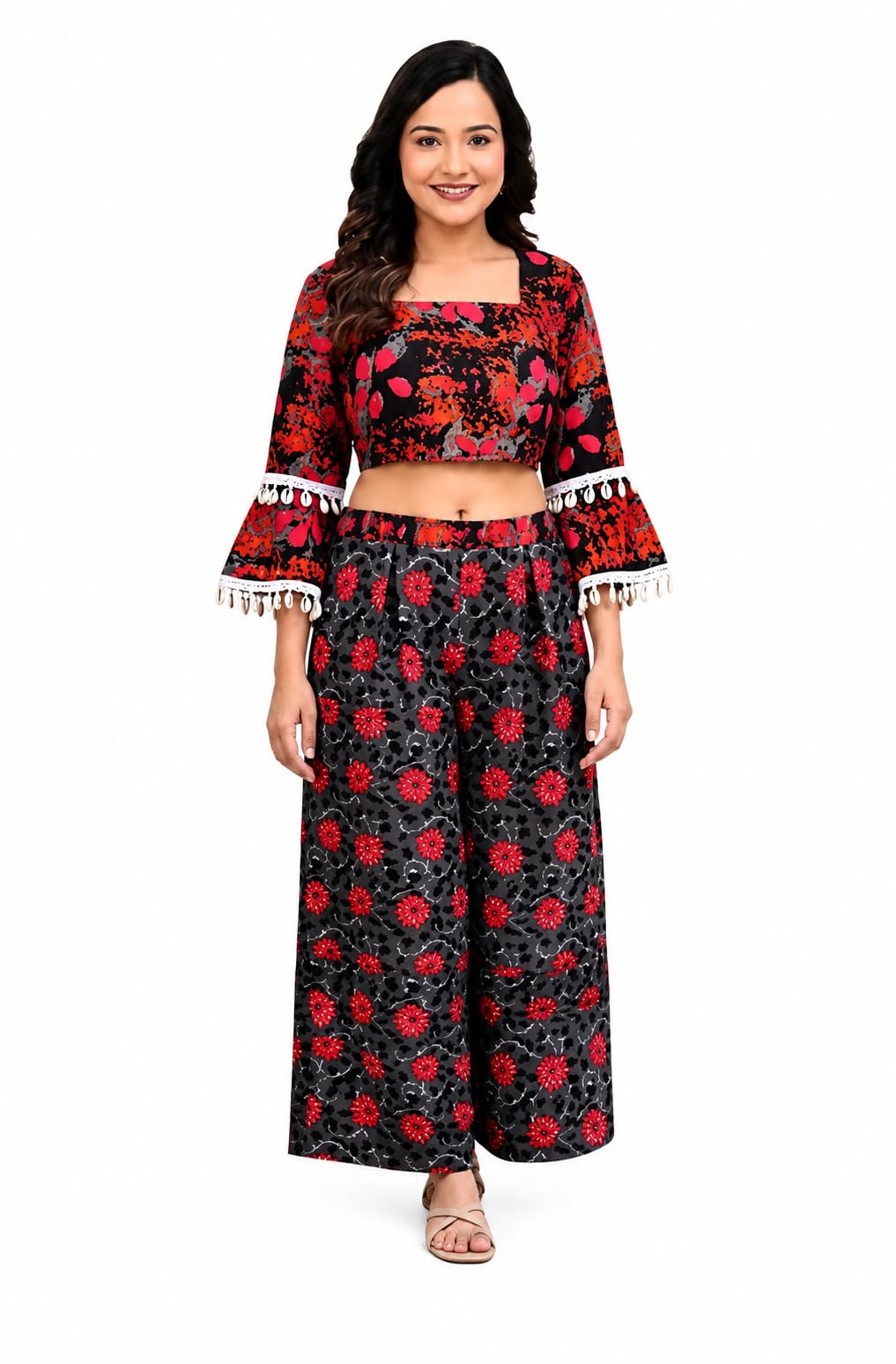 Red Floral Block Print Crop Top & Shorts Set-image-18