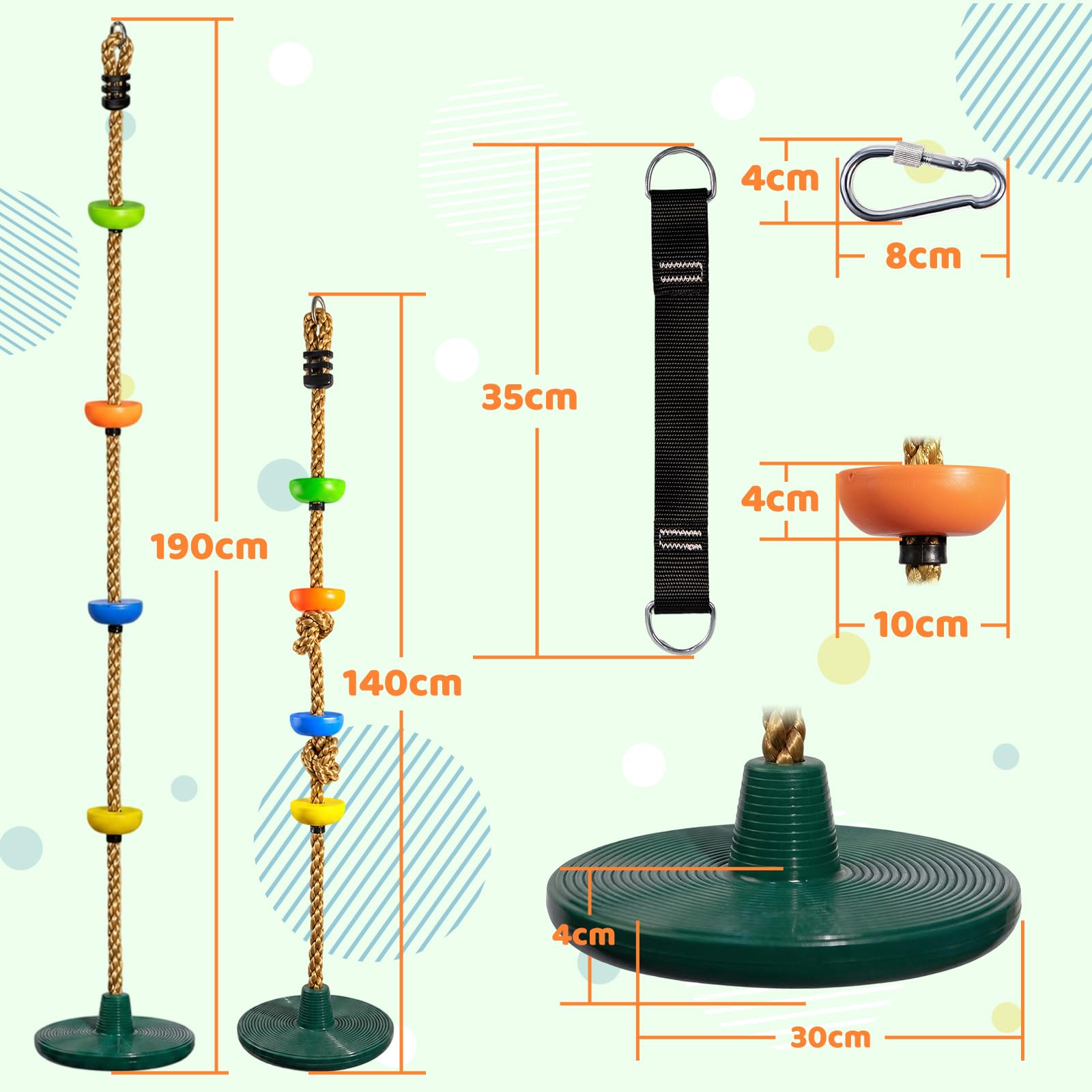 Columpio De Cuerda Con Asiento Frisbee Para Niños – Soportes 150 Kg, Antideslizante, Ideal Para Jardín Y Parque (1.9 M De Largo)