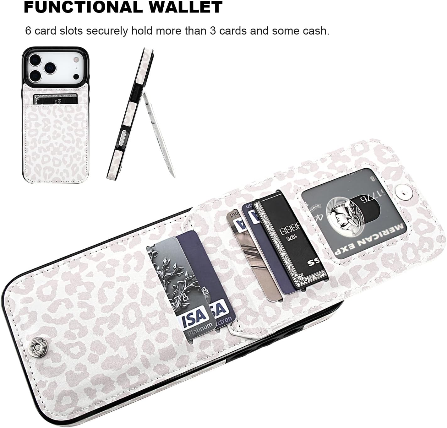 Vaburs Compatible with iPhone 17 Pro Max Case Wallet with Credit Card Holder, White Leopard Cheetah Pattern Flip Premium PU Leather Magnetic Closure Shockproof Protective Cover 6.9" - Image 4