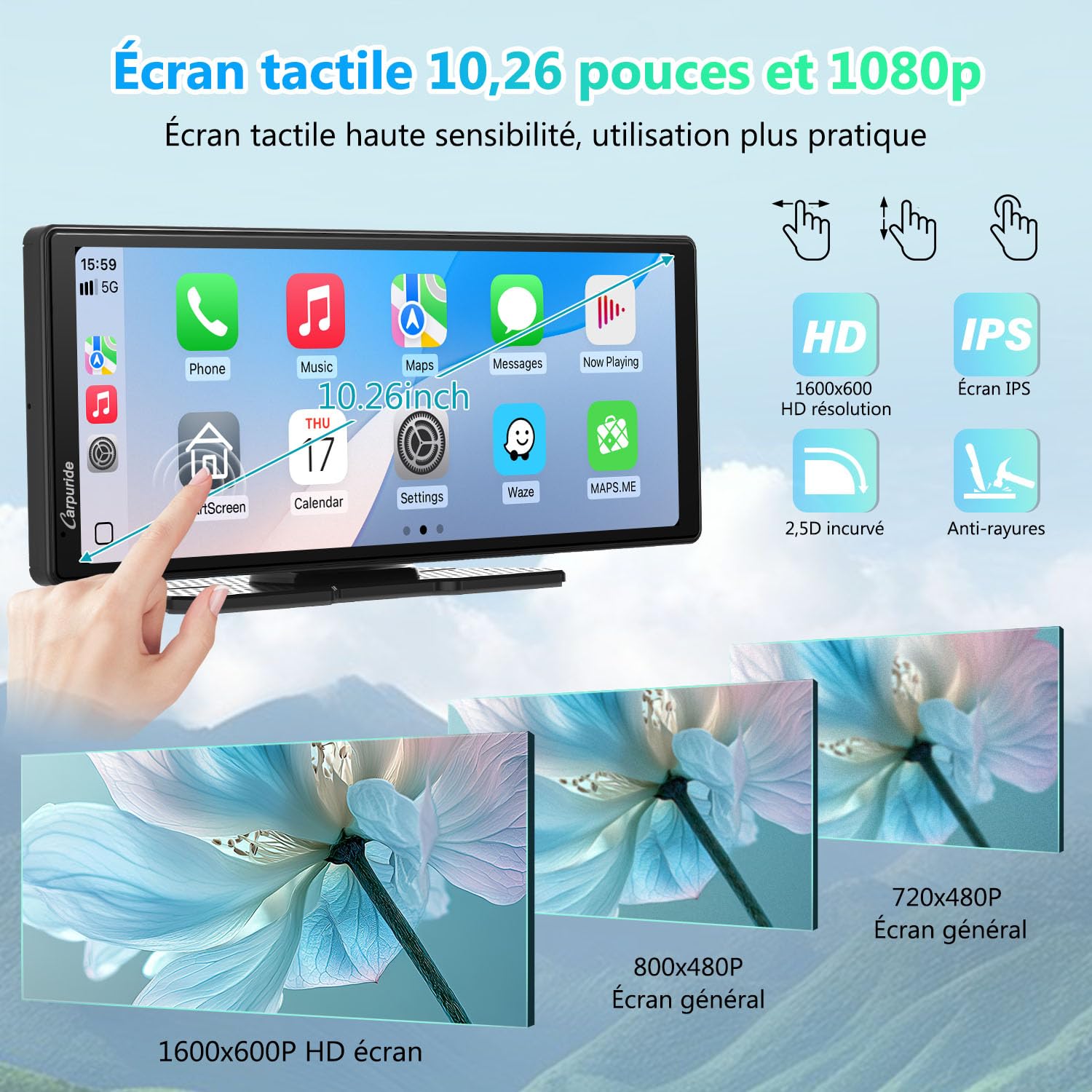 Carplay Écran Portable, Carpuride V92R sans Fil Carplay et Android Auto, écran Tactile HD 10,26 Pouces 1080p avec véritable caméra de recul 720p/BT 5.0/Support de Liaison Miroir pour Camion