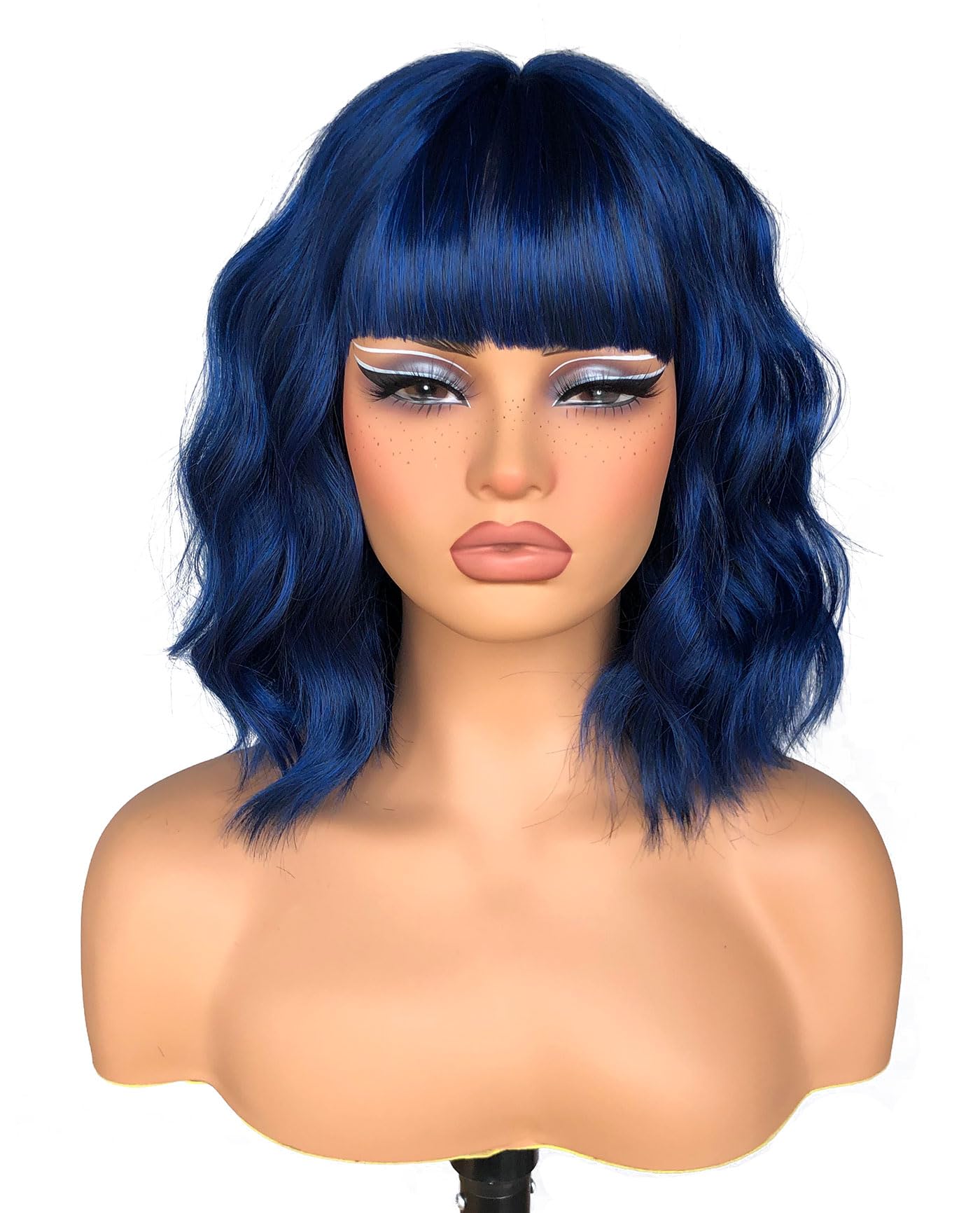 ISAMY Short Bob Wigs With Air Bangs Shoulder Length Women's Wig Bob Curly Wavy Synthetic Cosplay Wig for Girls Daily Use Colorful Wigs (Blue)