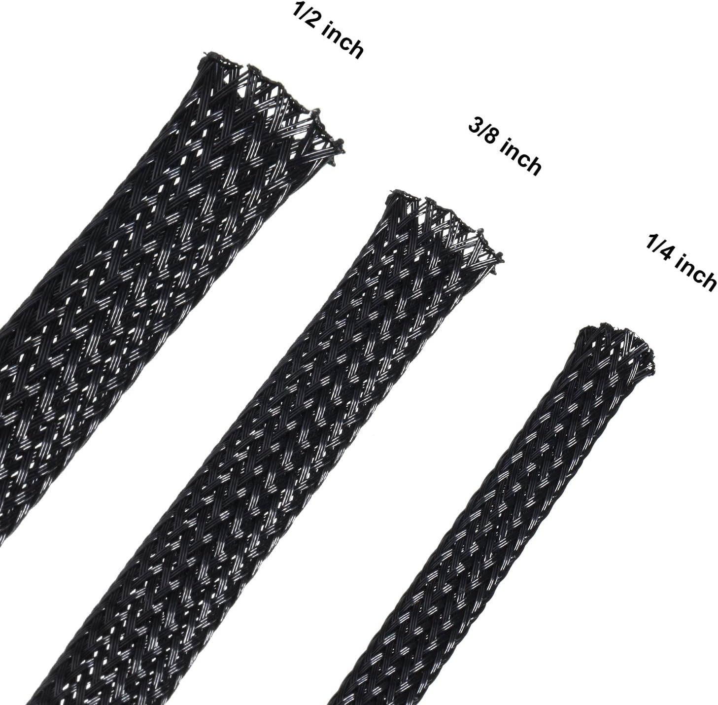 50ft PET Expandable Braided Cable Sleeve, Wire Loom Wire Braid Sleeving with 127 Pieces Shrink Tube for Audio Video and Other Home Device Cable Automotive Wire (Black, 1/2 Inch, 1/4 Inch, 3/8 Inch)