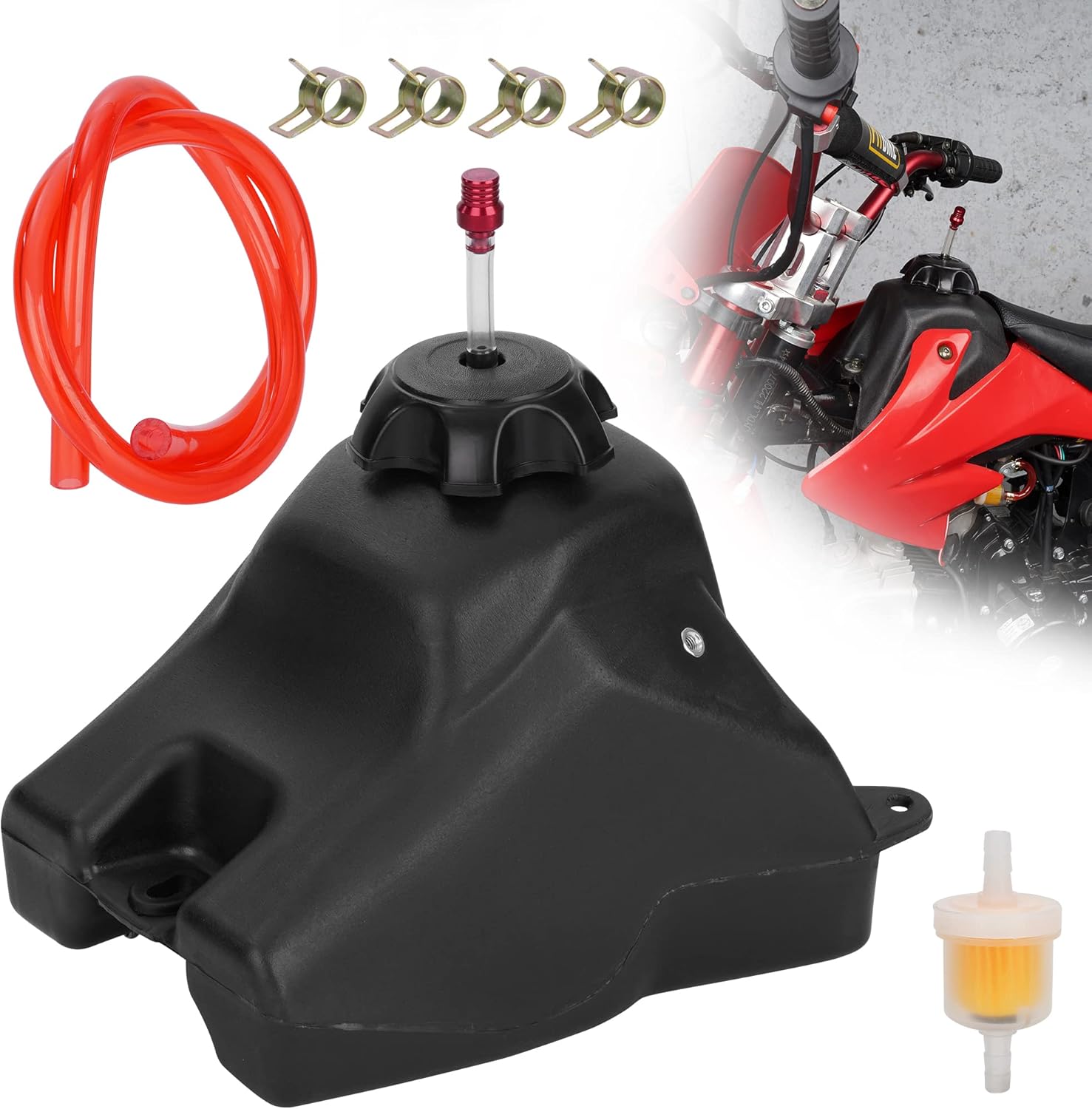 Gas Tank with Cap & Fuel Line Filter Clips for CRF50 XR50 50cc 70cc 90cc 110cc 125cc SSR TaoTao coolster Baja DR49 SDG 107 kazuma Thumpstar BSE Piranha Pitster Pro Roketa Atomik Pit Dirt Trail Bike