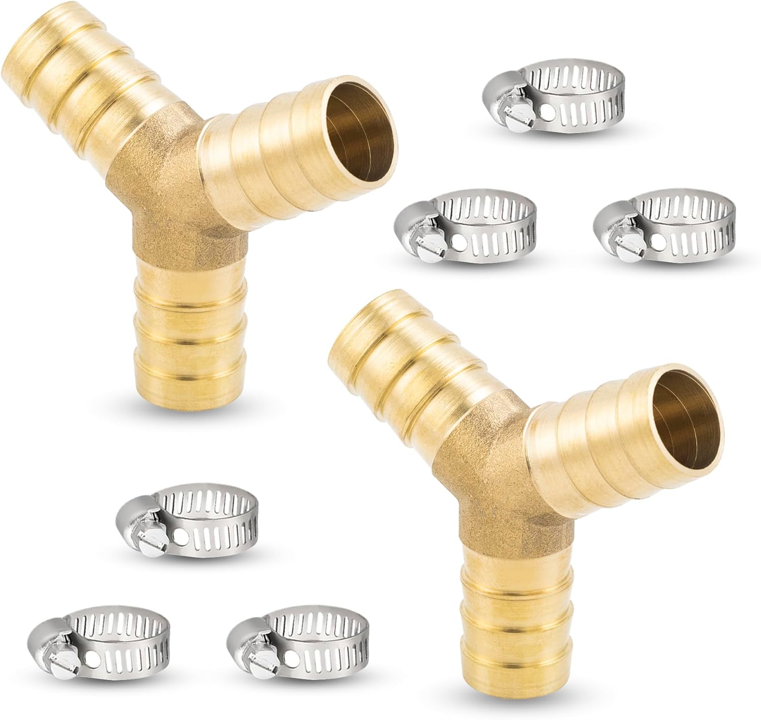 Yoebor 2pcs Brass Hose Barb Fitting Y-shape Tee 1" Barbed x 1" Barbed x 1" Barbed 3-way Wye T-fitting W/6 Hose Clamps