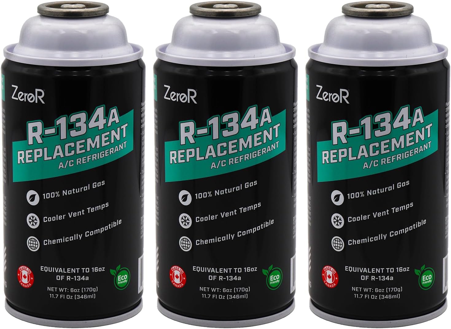 ZeroR AC Refrigerant R134a Replacement - Eco-Friendly, 100% Natural Hydrocarbon Gas - Compatible and Easy to Install with R134a A/C Recharge Systems - 3 Cans (6oz Each)