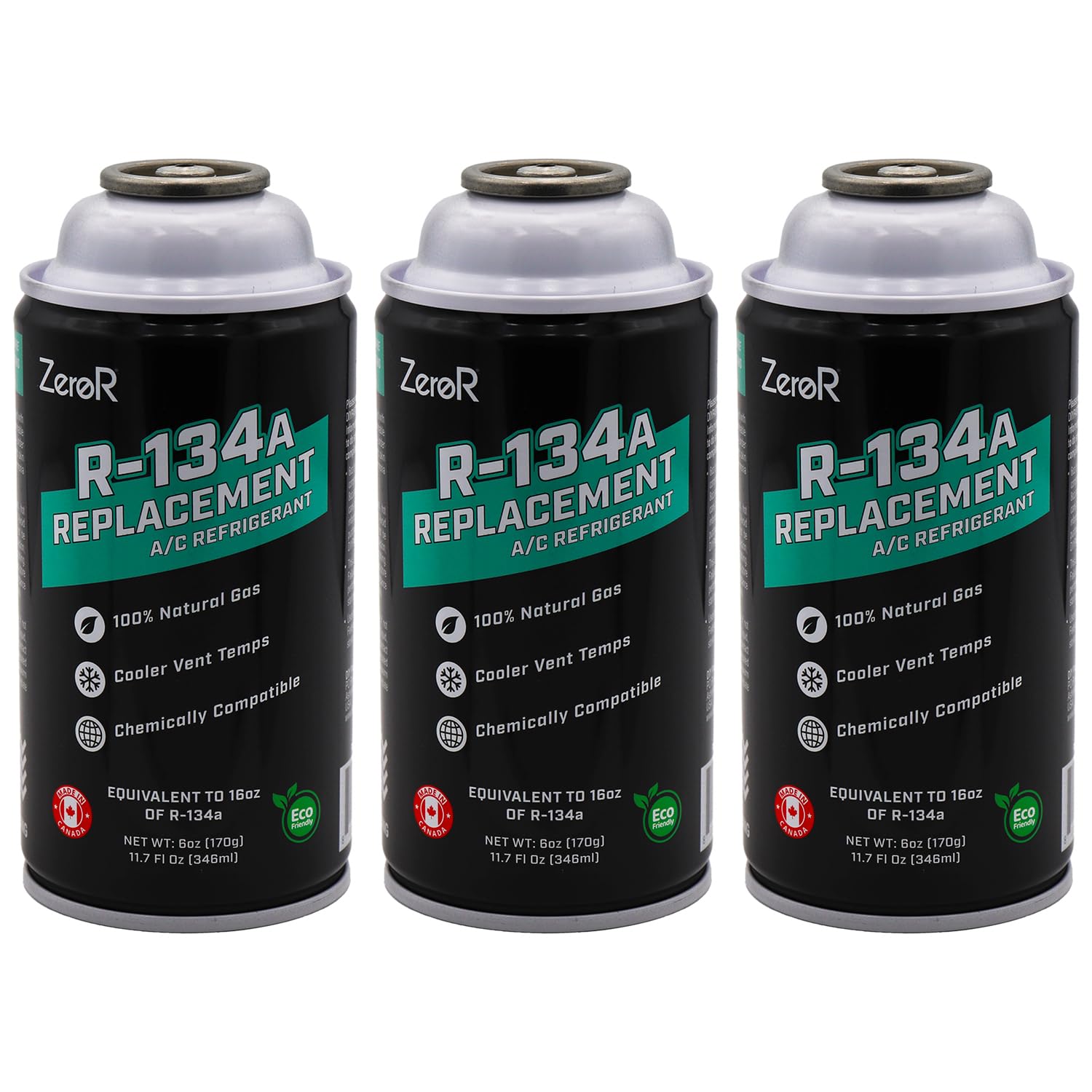 ZeroR AC Refrigerant R134a Replacement - Eco-Friendly, 100% Natural Hydrocarbon Gas - Compatible and Easy to Install with R134a A/C Recharge Systems - 3 Cans (6oz Each)