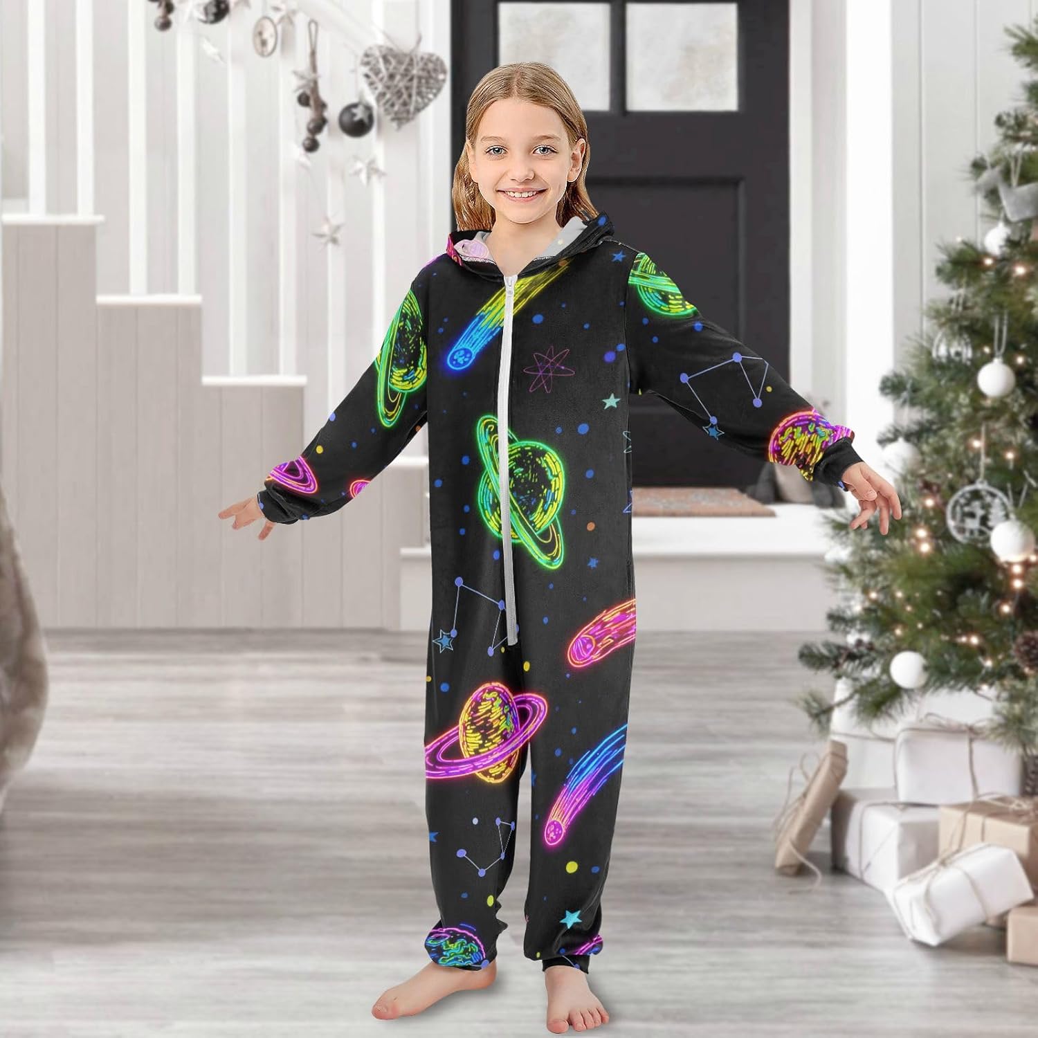Colorful Fluorescent Planet Universe BlackOnesie PajamasCute Soft Hooded Loungewear Sleepwearfor Parties Sleepovers