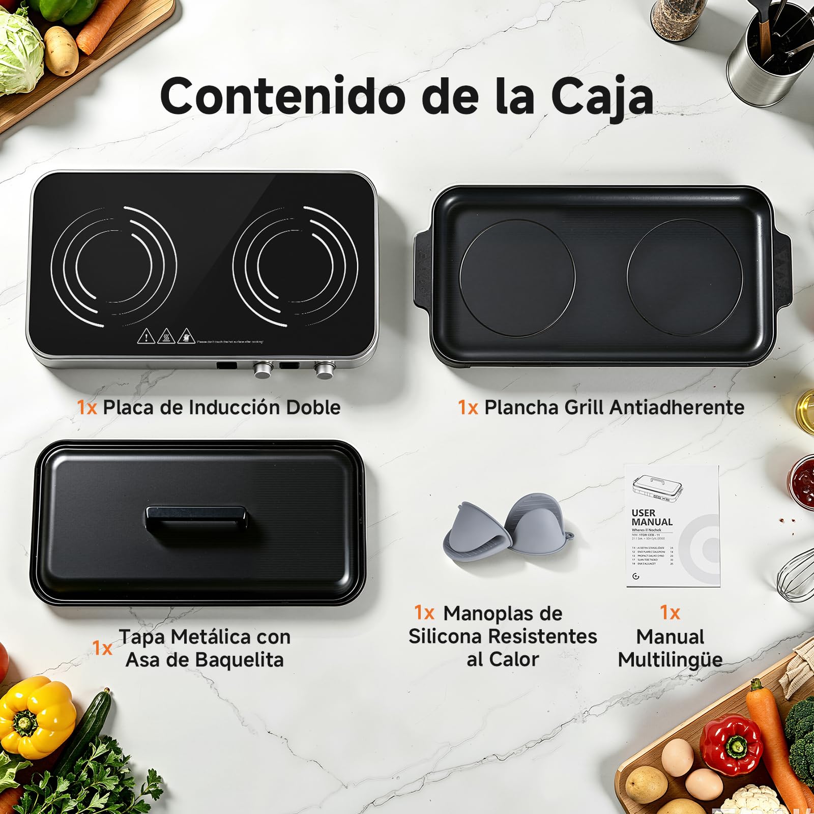 AMZCHEF 3000W Placa de Inducción Doble, Placa de Inducción 2 Fuegos Portátil con Plancha Grill Extraíble, 9 Niveles de Potencia/Temperatura, para Barbacoa Interior y Autocaravana, Gris Hierro