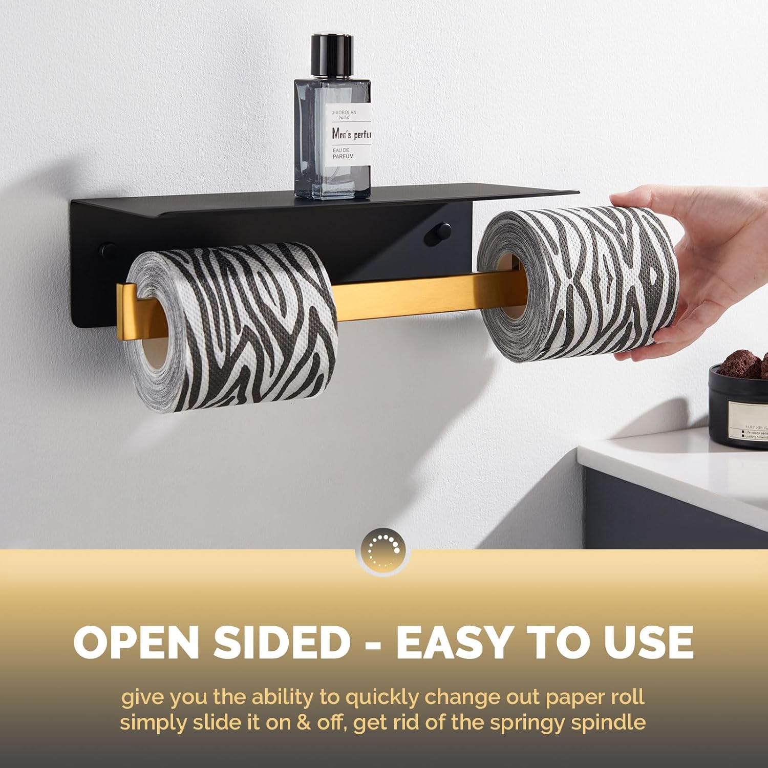 Angle Simple Swivel Towel Ring Bundle with Double Toilet Paper Holder with Shelf (Black and Gold)