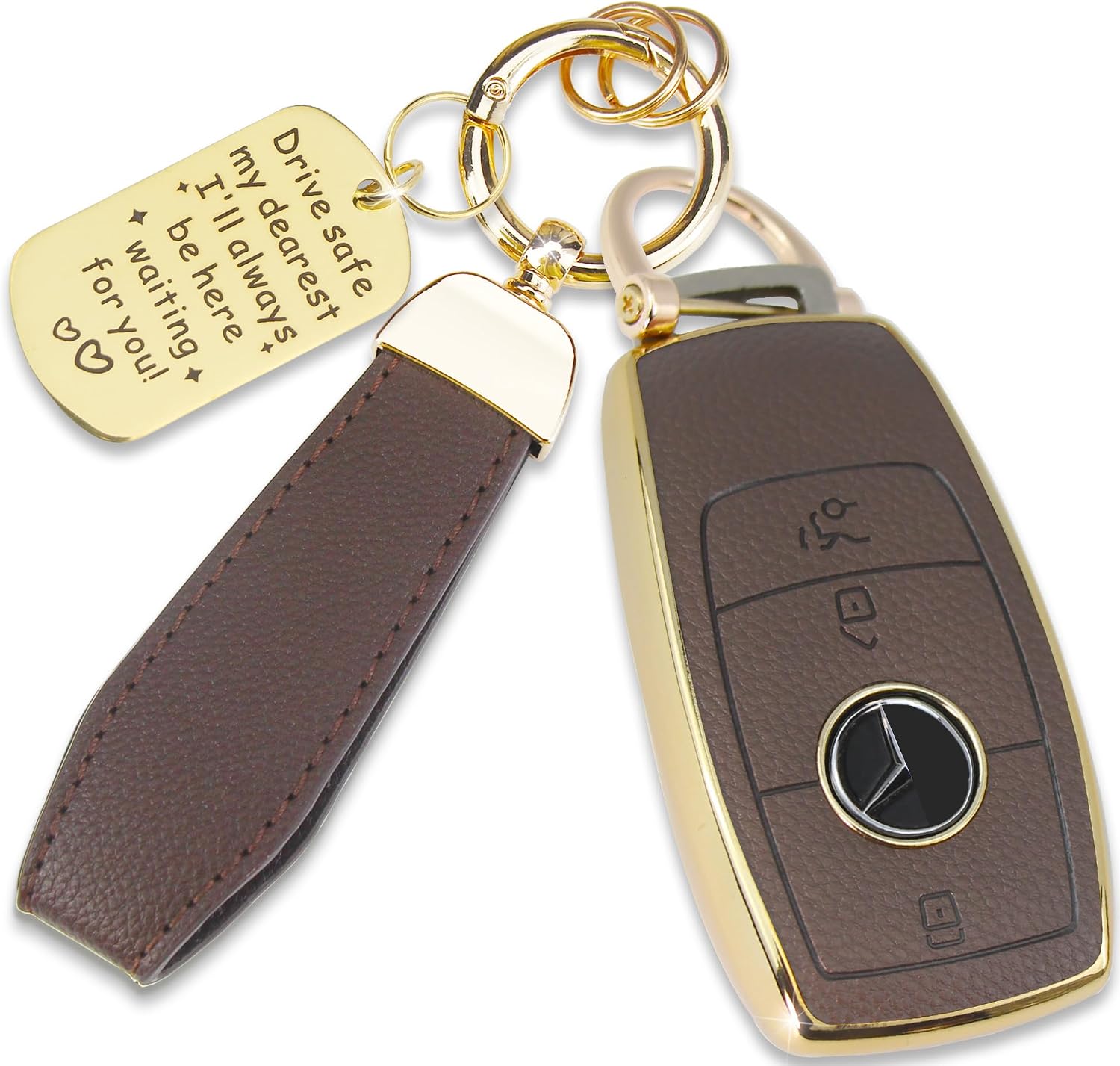 Soft TPU & Leather Key Fob Cover Compatible with Benz 4-Button