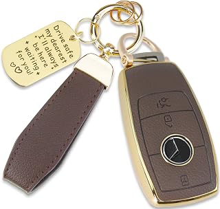Soft TPU & Leather Key Fob Cover Compatible with Mercedes Benz A C E G S Class,CLA CLS GLA GLC GLE GLS GLK GL GT SLC SL SLK SLS, with Keychain & Metal Blessing Tag (4 Button Coffee)