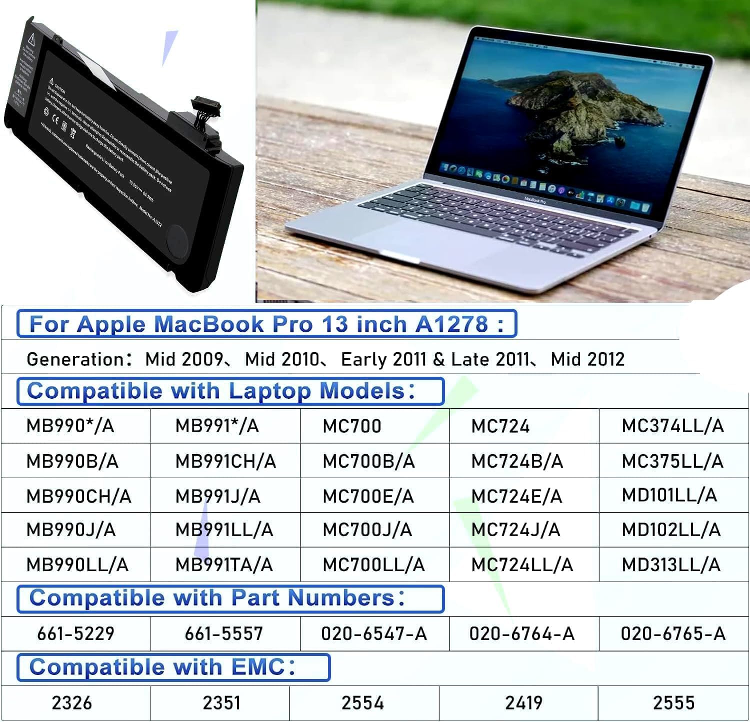 A1322 A1278 Battery compatiable with for MacBook Pro 13" [Mid 2012 2010 2009 Early 2011 Late 2011] 661-5229 661-5557 020-6547-A 020-6765-A（63.5Wh-10.95V