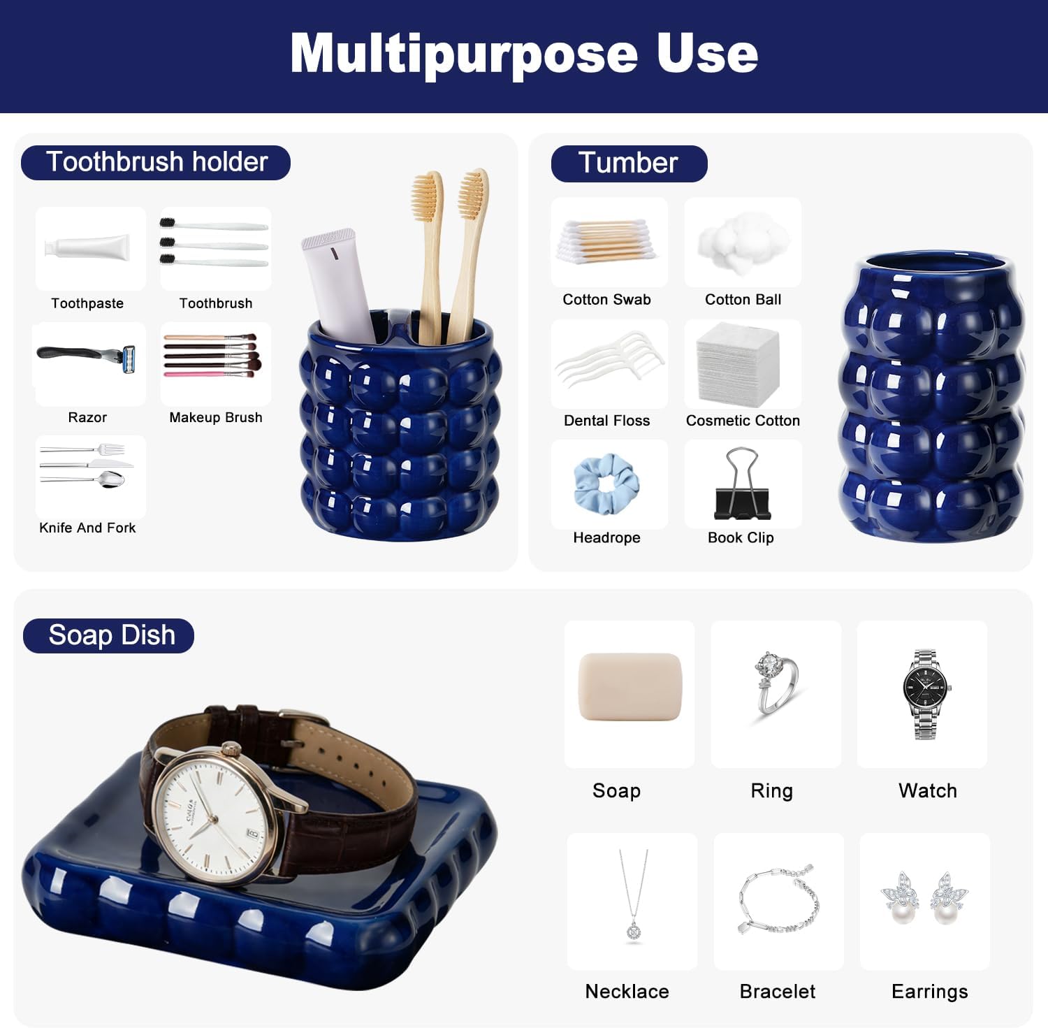 4 Piece Ceramic Bathroom Accessories Set –Soap Dispenser,Toothbrush Holder,Tumbler & Soap Dish,Includes Silicone Funnel,Non-Slip,Modern Farmhouse Countertop Organizer Set for Bathroom Decor, Navy Blue