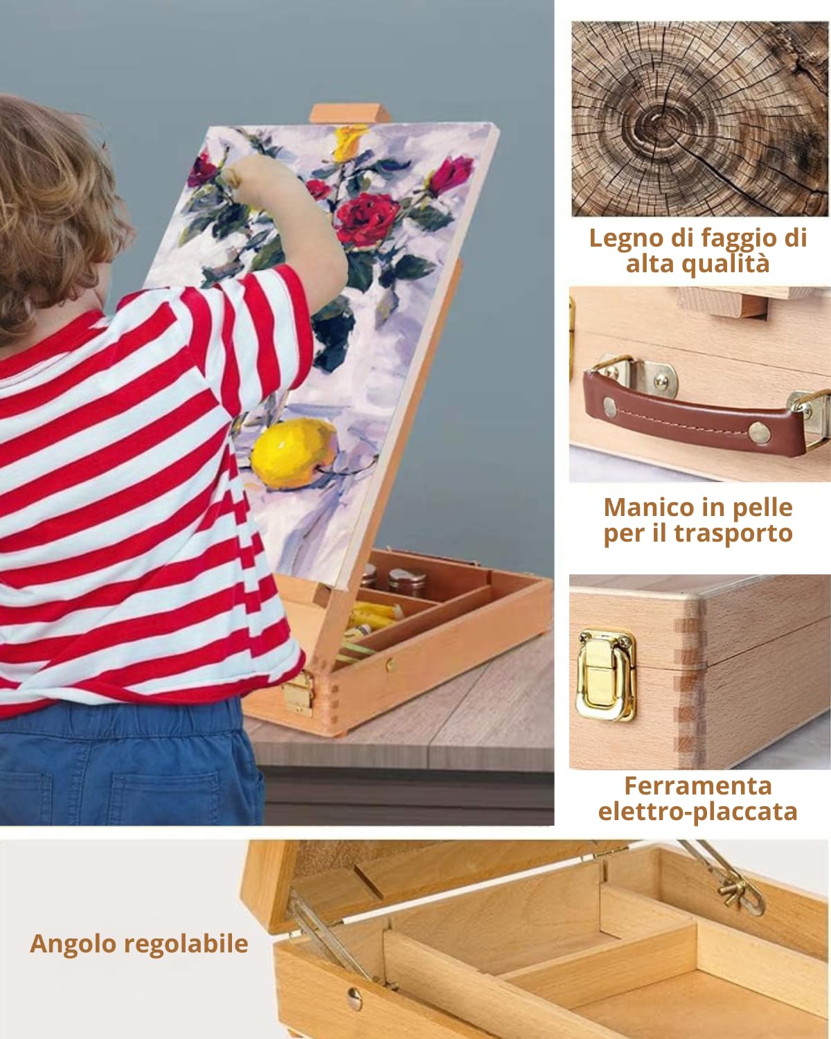 Cavalletto Pittura – Cavalletto da Tavolo in Legno di Faggio con Cassetto Portaoggetti – Altezza Regolabile per Tele Fino a 54cm – Valigetta Portatile per Bambini, Principianti e Artisti
