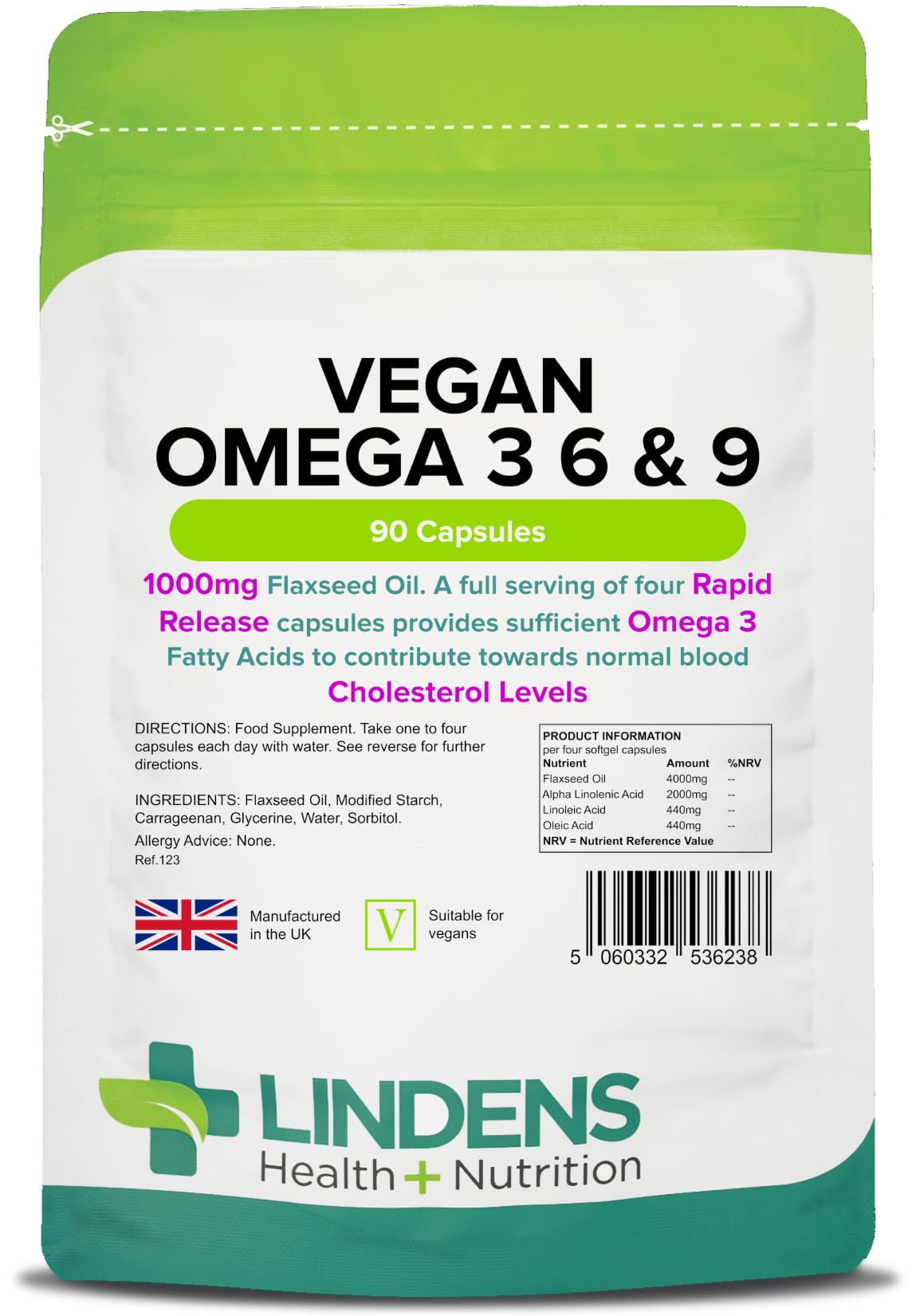 Lindens - Vegan Omega 3, 6 & 9-90 Capsules - 1000mg Flaxseed Oil, UK Made - Essential Omega Fatty Acids, Normal Blood Cholesterol Levels - Brain, Heart & Eyes - Letterbox Friendly