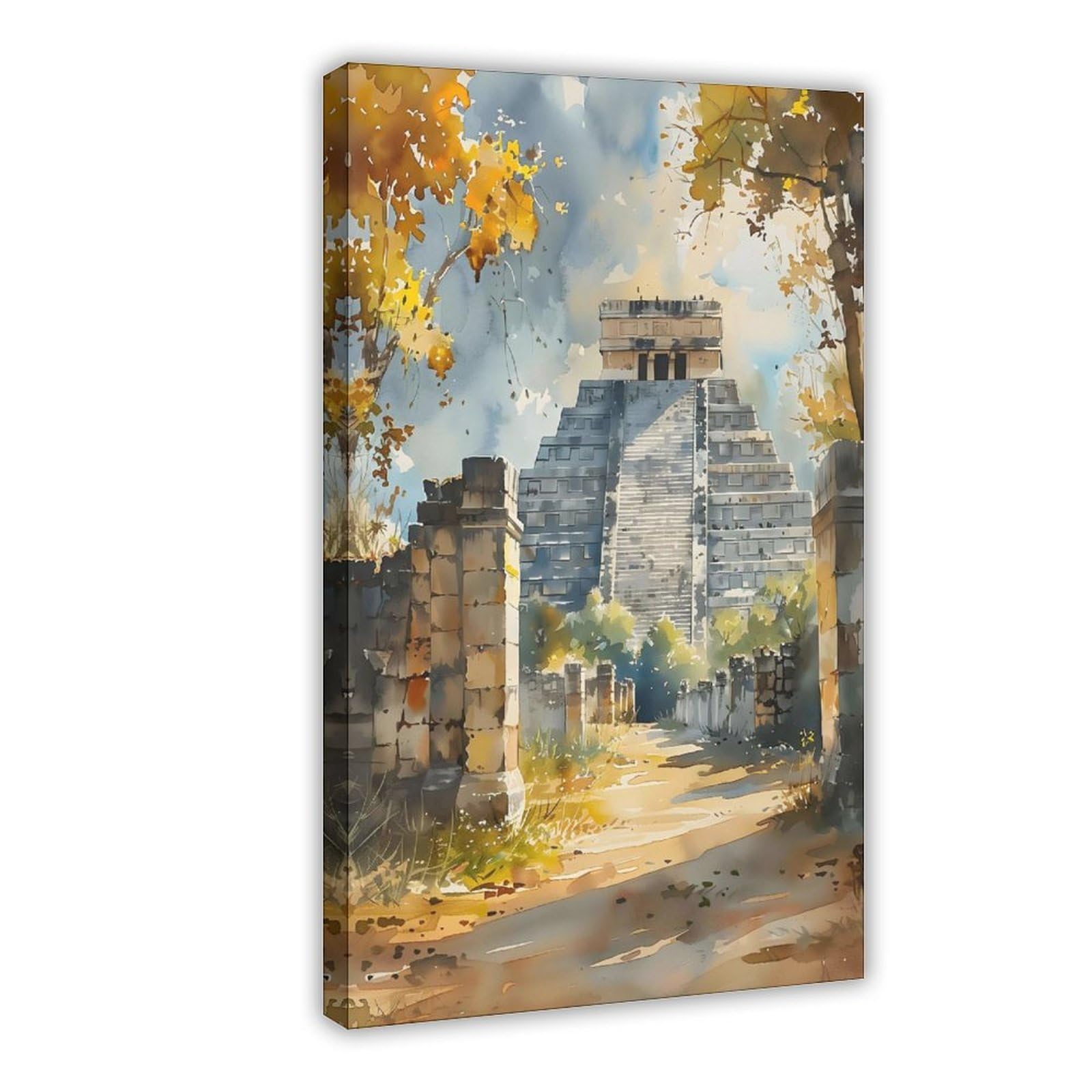 Bareronor Chichén Itzá Watercolor Canvas Poster Bedroom Decor Landscape Office Room Decor Gift 8" L X 12" W