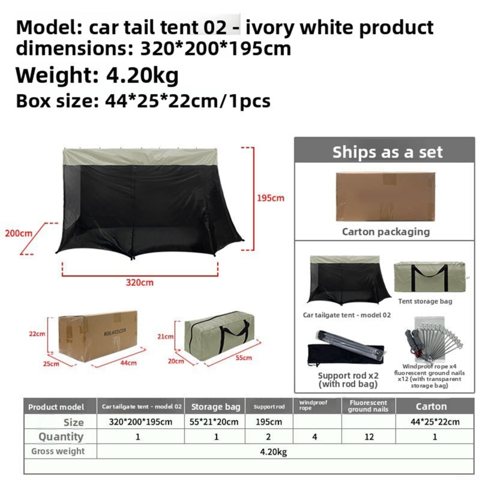 Tente arrière de voiture pour SUV, camion, van, grand espace avec filet de moucheron, auvent en maille de protection UV, 320 x 200 x 195 cm, noir, camping et randonnée