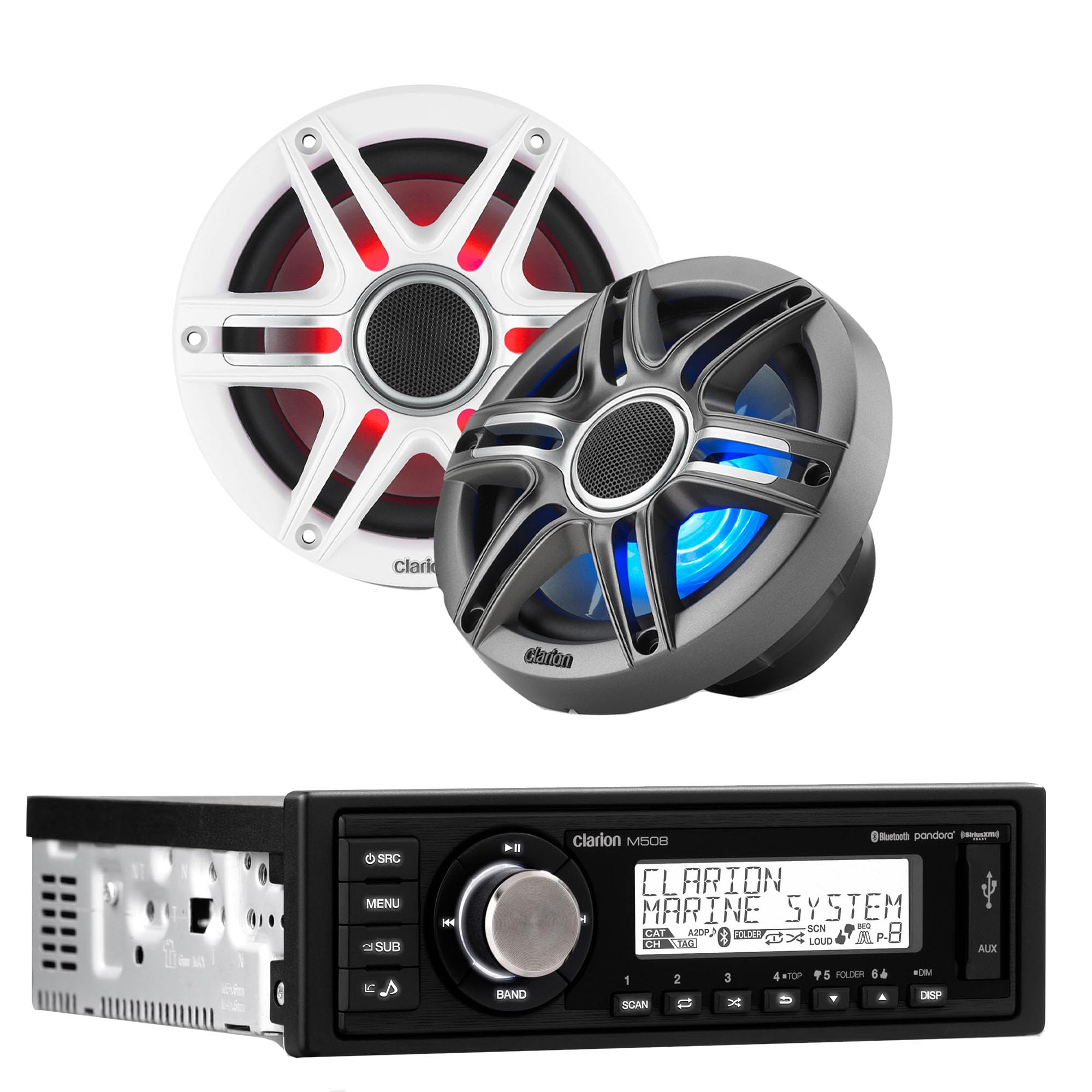 Clarion M508 Marine Single Din with CMSP-651RGB-SWG 6.5-inch Premium Marine Coaxial Speakers, Sport Grilles RGB LED Lighting
