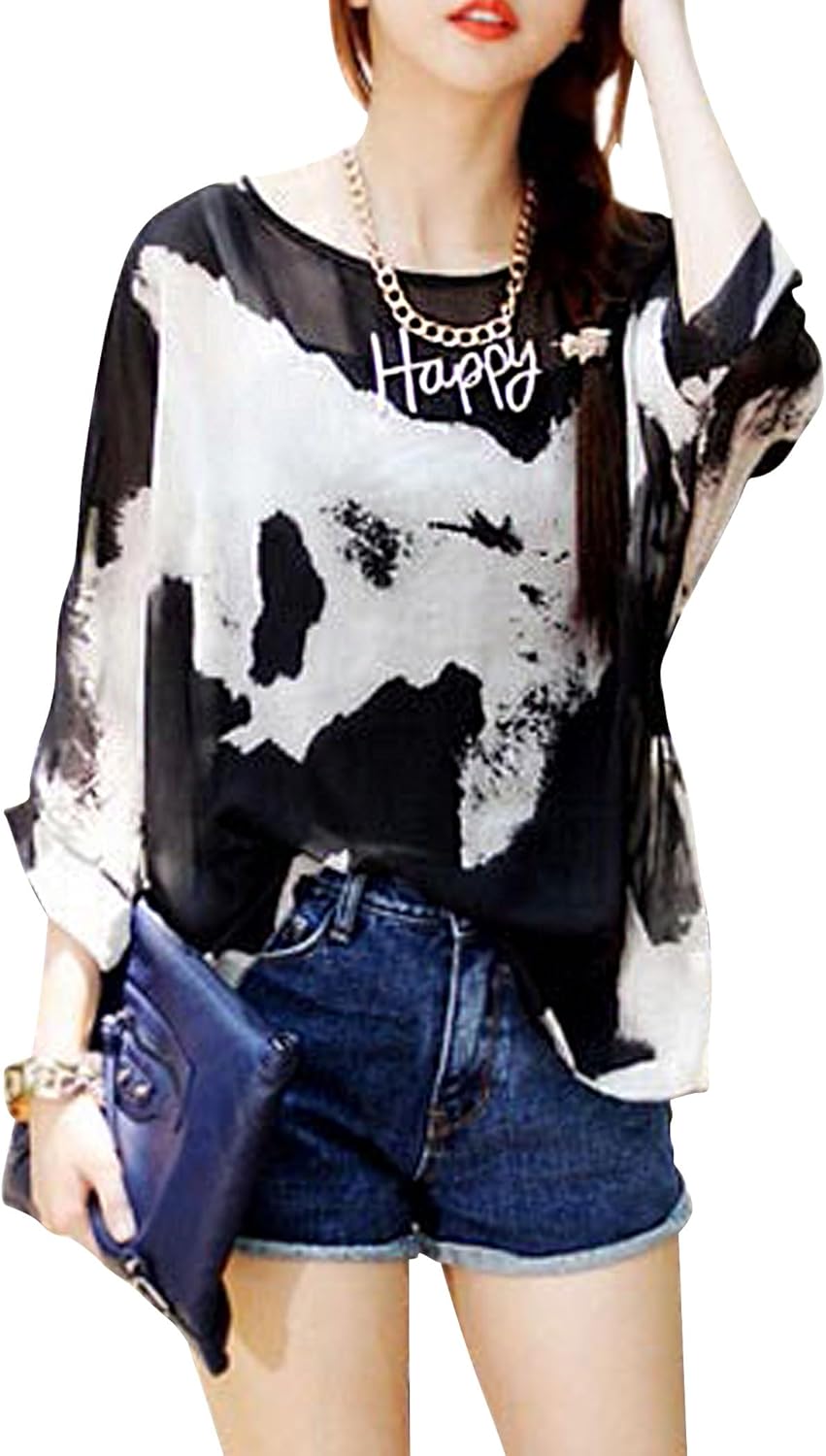 Vanbuy Womens Summer Printed Batwing Sleeve Top Chiffon Poncho Casual Loose Sheer Blouse Shirt