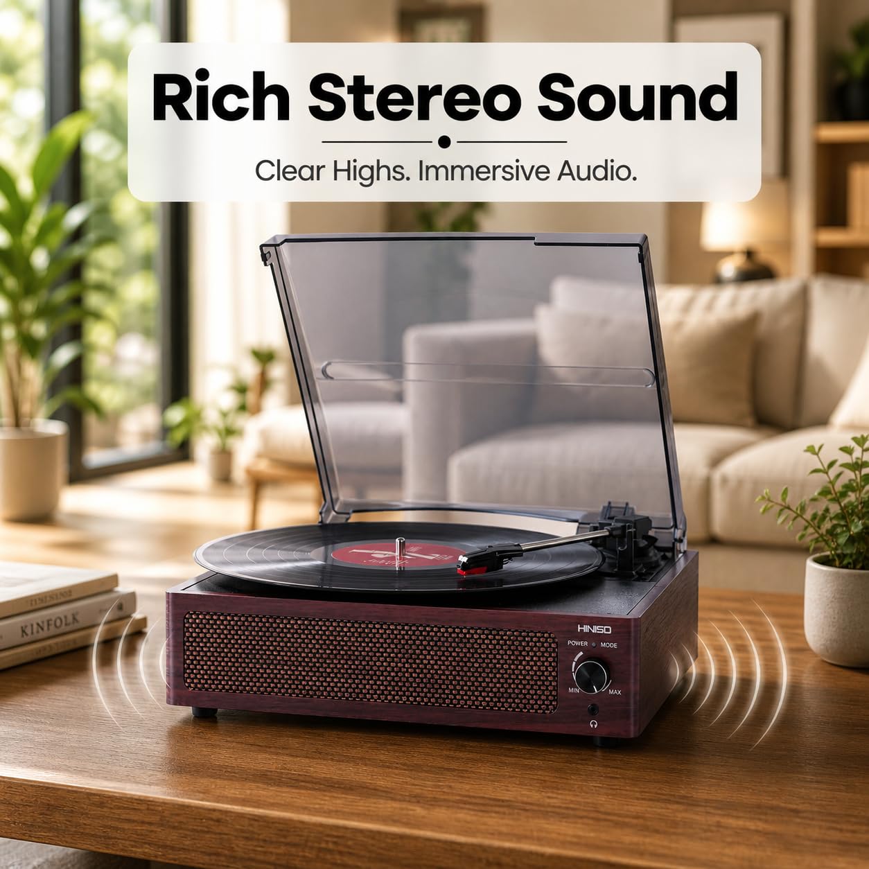 HINISO Bluetooth Vinyl Record Player T516 with Bluetooth Input & Output | 3-Speed Turntable (33/45/78 RPM) | Built-in Speakers | RCA, AUX, Headphone Jack | Vintage Wooden Finish with Dust Cover — Amazon image 3