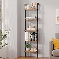YMYNY Estante de escada de 5 níveis, estante industrial montada na parede, rack de exibição aberto com moldura de metal, prateleiras de armazenamento de madeira para quarto, escritório em casa, suporte para plantas, marrom rústico, 70*17,3*11,8" UHBC015H