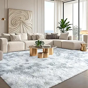 Tie-Dyed Grey Rugs for Bedroom 8x10 ft - Ultra Soft Faux Fur Area Rug - Plush Non-Slip Shaggy Carpet for Living Room, Cozy Fluffy Rug for Kids Boys Girls Dorm Nursery Room, High Pile Floor Carpet