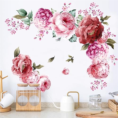 Calcomanías de pared de flores de peonía 3D, calcomanías de pared de flores rosadas, despegar y pegar, decoración artística de pared extraíble para