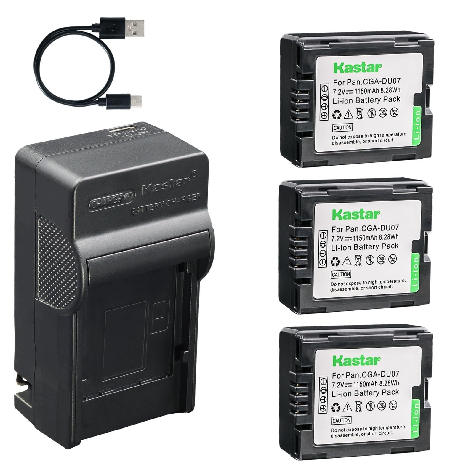 Kastar 3-Pack Battery and AC &amp; USB-C Charger, Compatible with Panasonic CGA-DU06 DU07 NV-GS35 GS50 GS80 GS150 GS180 GS300 GS400 GS500, Hitachi DZ-BP7 DZ-GX20 GX25M HS300 HS303 HS500 HS903 Camcorders