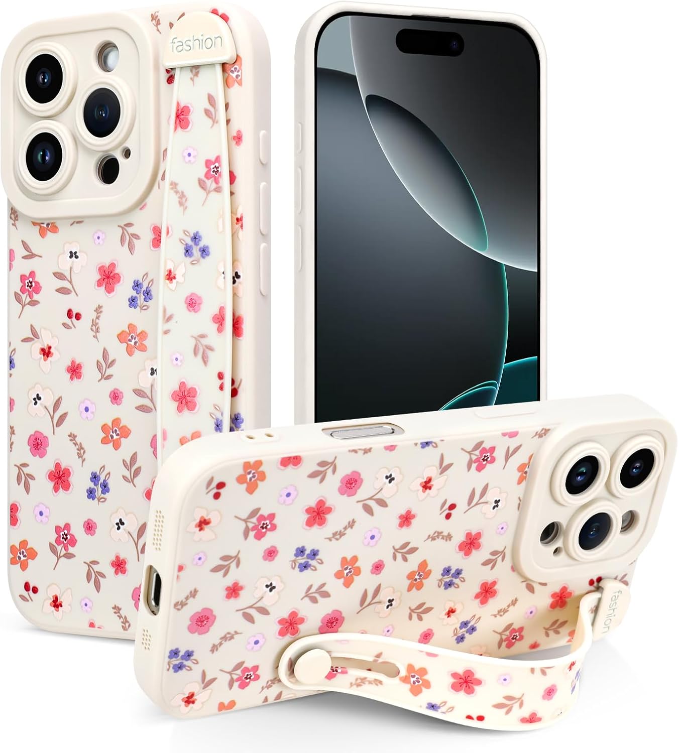 Case for iPhone 16 Pro 6.3 inch Silicone Phone Case with Strap for Women Girls Cute Floral Flowers Design, Adjustable Finger Strap Kickstand Protective Cover, Floral