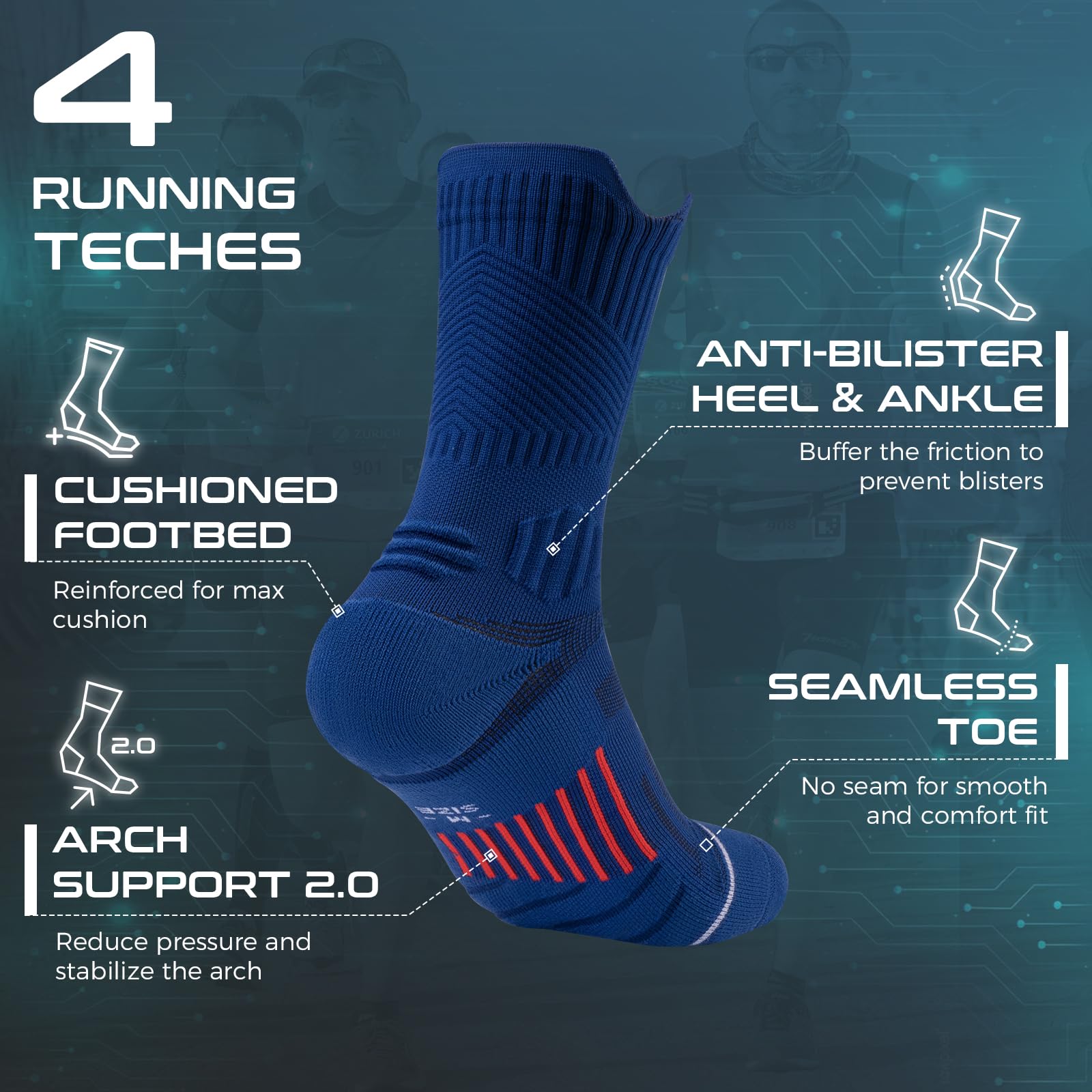 Rahhint Pro Coolmax Compressione 3 Paia Calzini Running Uomo Calze da Corsa Trekking Padel Uomo, Anti-Vesciche & Con Supporto Dell'arco Plantare, 35-51
