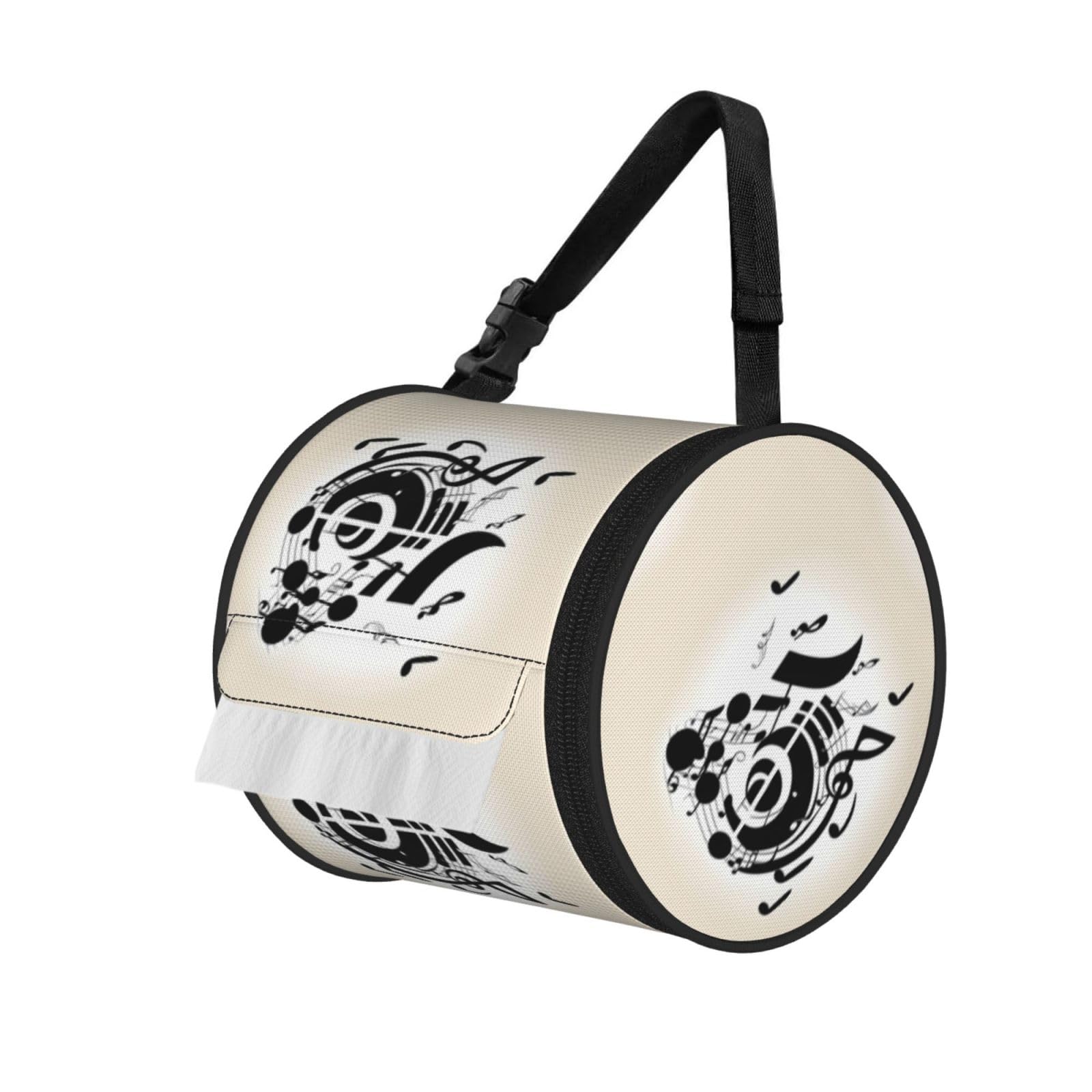 Jiuty Black Music Note Print Cylinder Tissue Organizer Bag With Strap, Portable Toilet Roll Holder For Camping Car