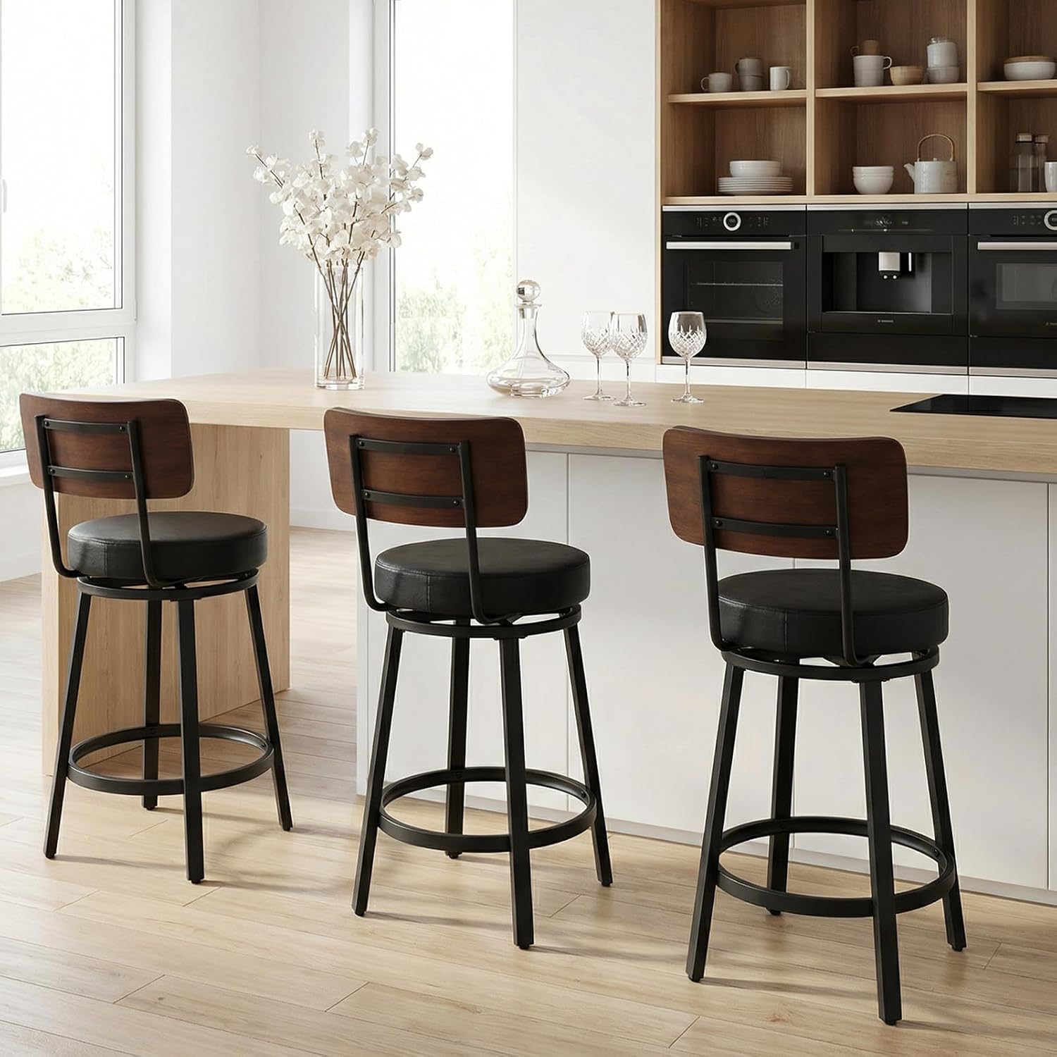 Counter Height Bar Stools Set of 2, 26" Swivel Barstools with Solid Wood Backrest & Metal Legs, Modern Faux Leather Upholstered Bar Chairs, Counter Stools for Kitchen Island, Black
