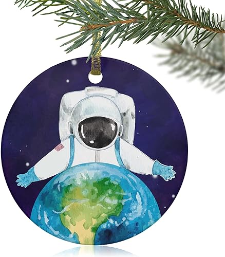 Adornos colgantes para árbol de Navidad 2022 astronauta abraza la Tierra de 3 pulgadas adornos de cerámica redondos de doble cara regalos de