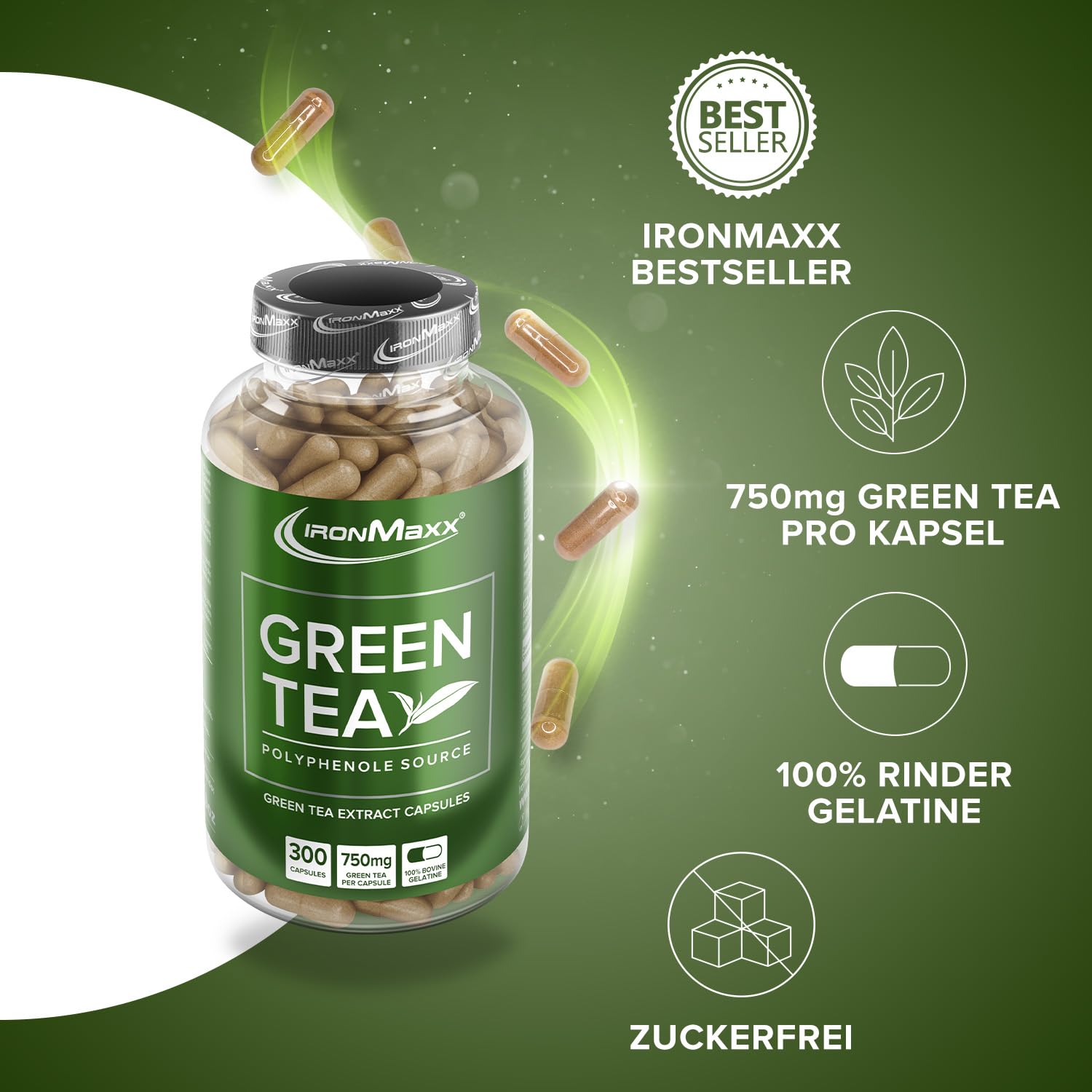 IronMaxx Green Tea - 300 Kapseln, Grüntee-Extrakt mit 339mg Epigallocatechin-3-Gallat und 180mg Koffein pro Tagesdosis, Unterstützend in Diatphäsen