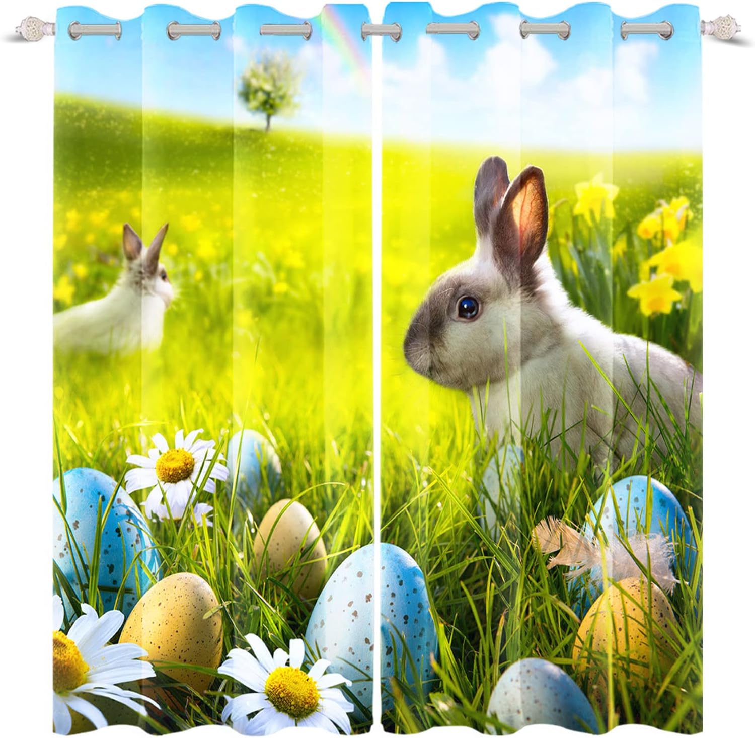 Yeele 53x85inches Spring Garden Window Curtains Easter Eggs Rabbits Thermal Insulated Printed Curtain for Kids Adult Bedroom Living Room Decor Waterproof Polyester Blackout Drapes 2 Panels,Green