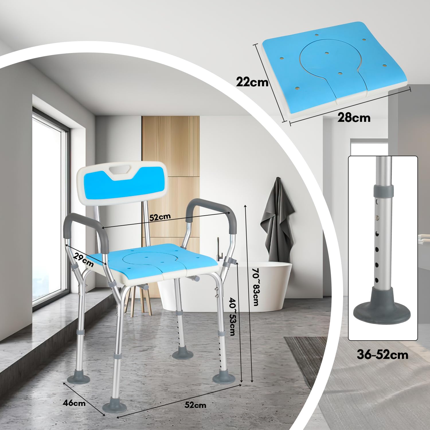 Taboret prysznicowy 36-52 cm, z regulacją wysokości, krzesło prysznicowe z podłokietnikami, stabilne siedzisko prysznicowe, antypoślizgowe siedzisko prysznicowe, taboret łazienkowy dla seniorów