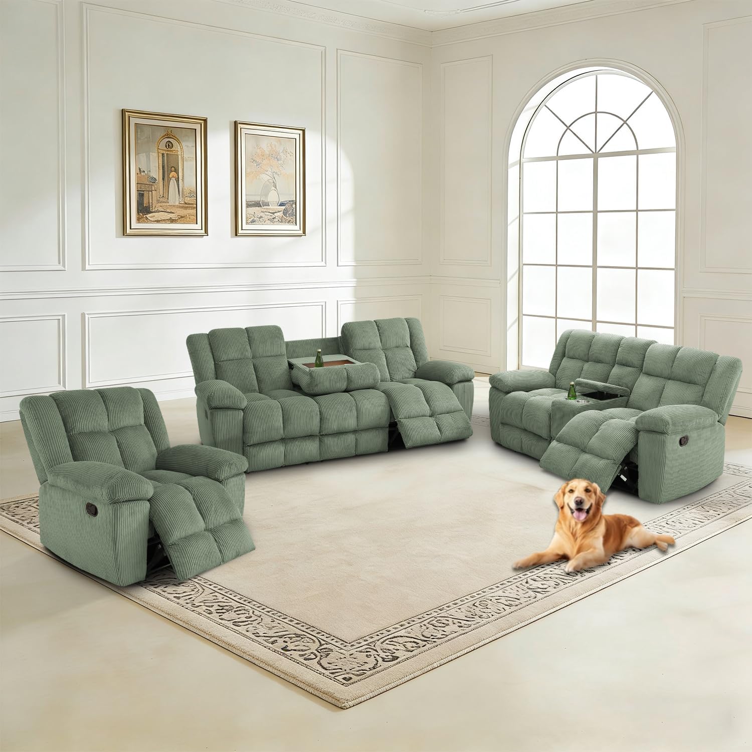 Manual Reclining Sofa Set,Corduroy Recliner Couch Set with Drop-Down Table/Storage Console/Cup Holders for Living Room/Office/Lounge (3PCS Set,Green)