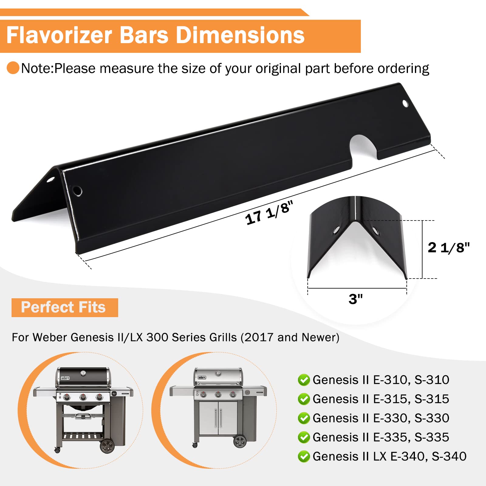 Compatibles Weber E-310 S-335 Nordic Bbq Store Barras Aromatizantes Repuesto Para Weber Genesis II 300/LX 300 - 5 Unidades Acero Porcelánico, Medidas 17.1'x3'x2', Sustituye 66032/66795 Compatible E-310 S-335 Modelos