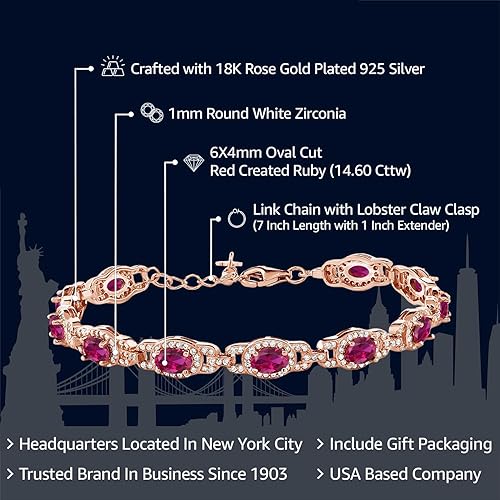 Miniatura 2 de Gem Stone King 1108 quilates Oval Red Creado Rubí de 18 quilates chapado en oro rosa de plata de 7 pulgadas con extensor de 1 pulgada
