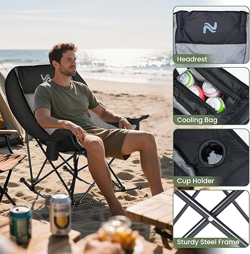 Miniatura 6 de ABORON Silla mecedora de gran tamaño para adultos, silla de césped plegable totalmente acolchada para exteriores con bolsa enfriadora y bolsillo