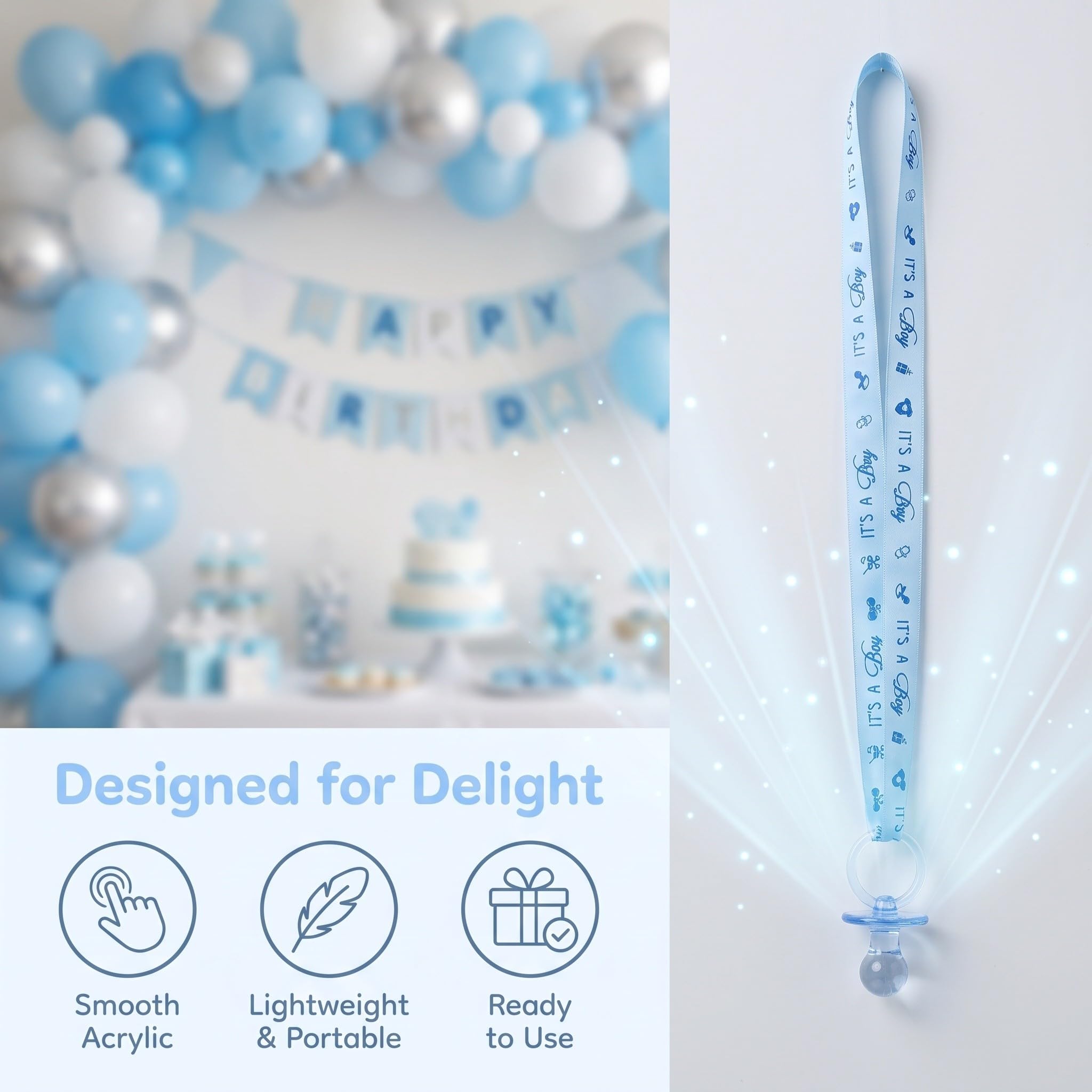 Lurrose Collana con 36 ciucci per baby shower - Bomboniere per feste con ciucci in acrilico - Collana con ciondoli in plastica per decorazioni da tavolo per baby shower, rosa, blu
