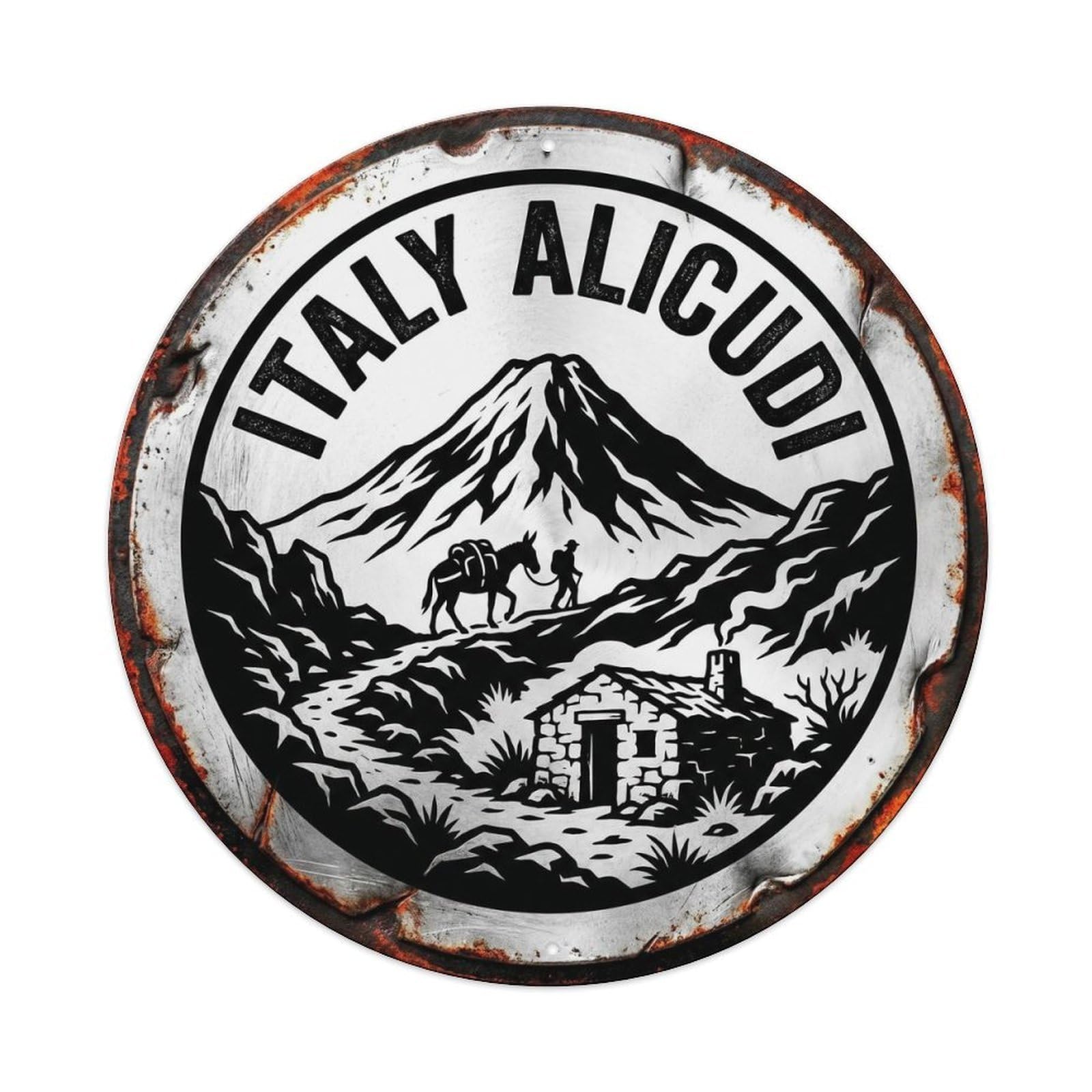 Alicudi Remote Italian Black White Heritage Destination Metal Tin Sign