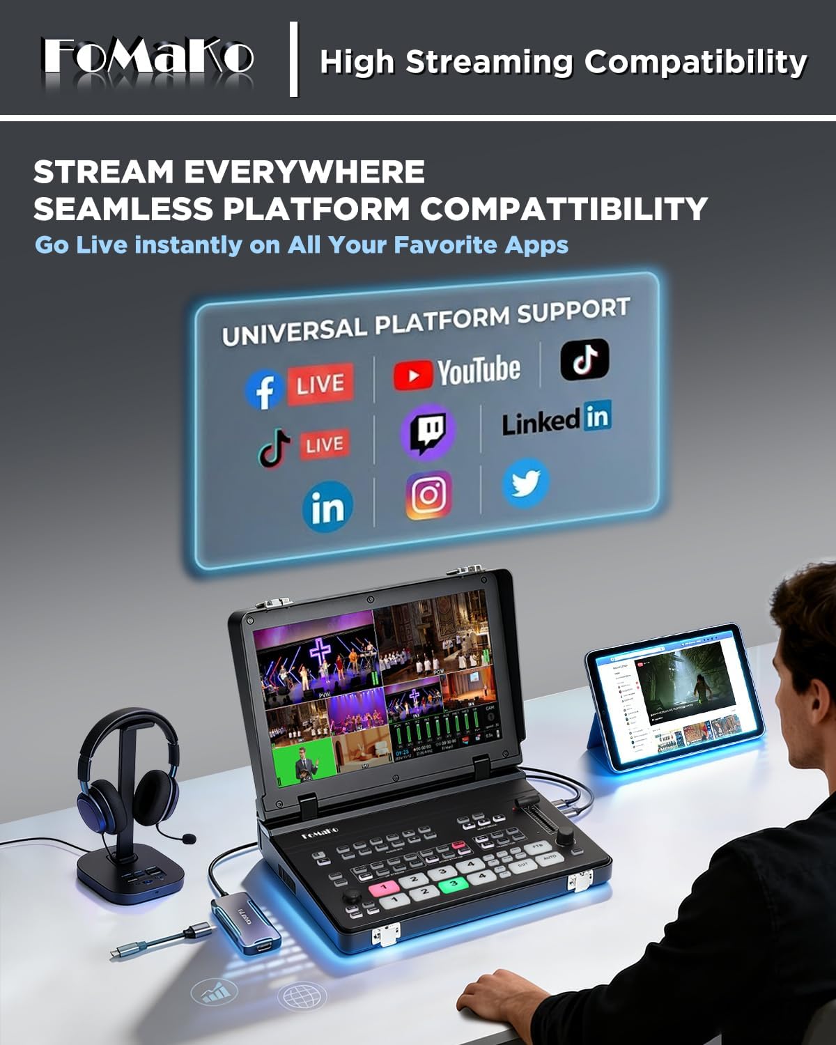 FoMaKo 4K HDMI Video Mixer Switcher, 10.1 Inch FHD LCD Screen, 5-Channel Live Streaming Switcher, 4K 60FPS Input, 1080p 60FPS Output, Support PTZ Controller, HDMI Video Switcher, M5