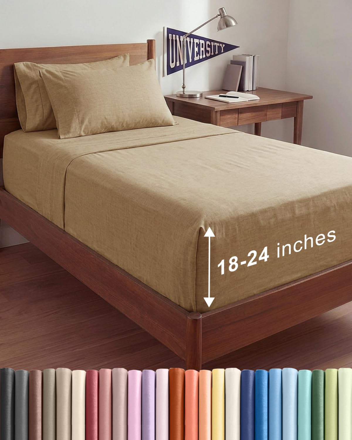 CGK Extra Deep Twin XL Sheet Set - 4pc College Dorm Room - Heathered Tan