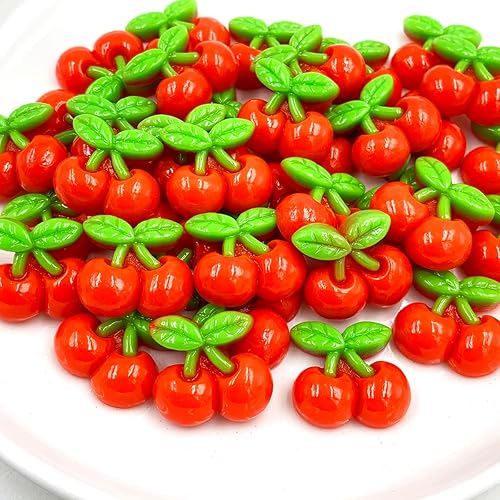 Miniatura 7 de Dijes de cuentas planas de resina de cereza, 50 piezas de resina con parte trasera plana de fruta y cereza para bricolaje, carcasa de teléfono,